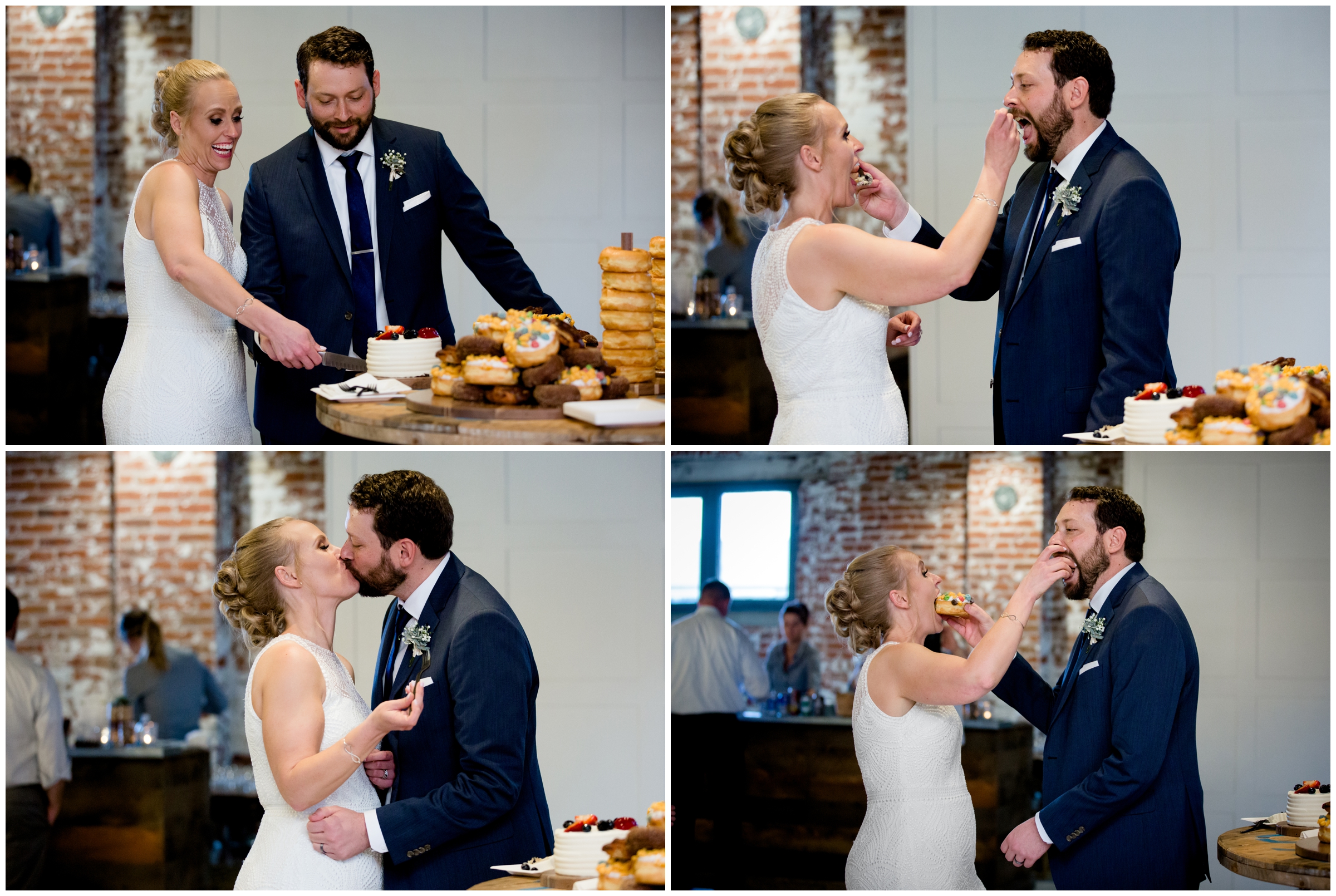 bride and groom feeding each other donuts
