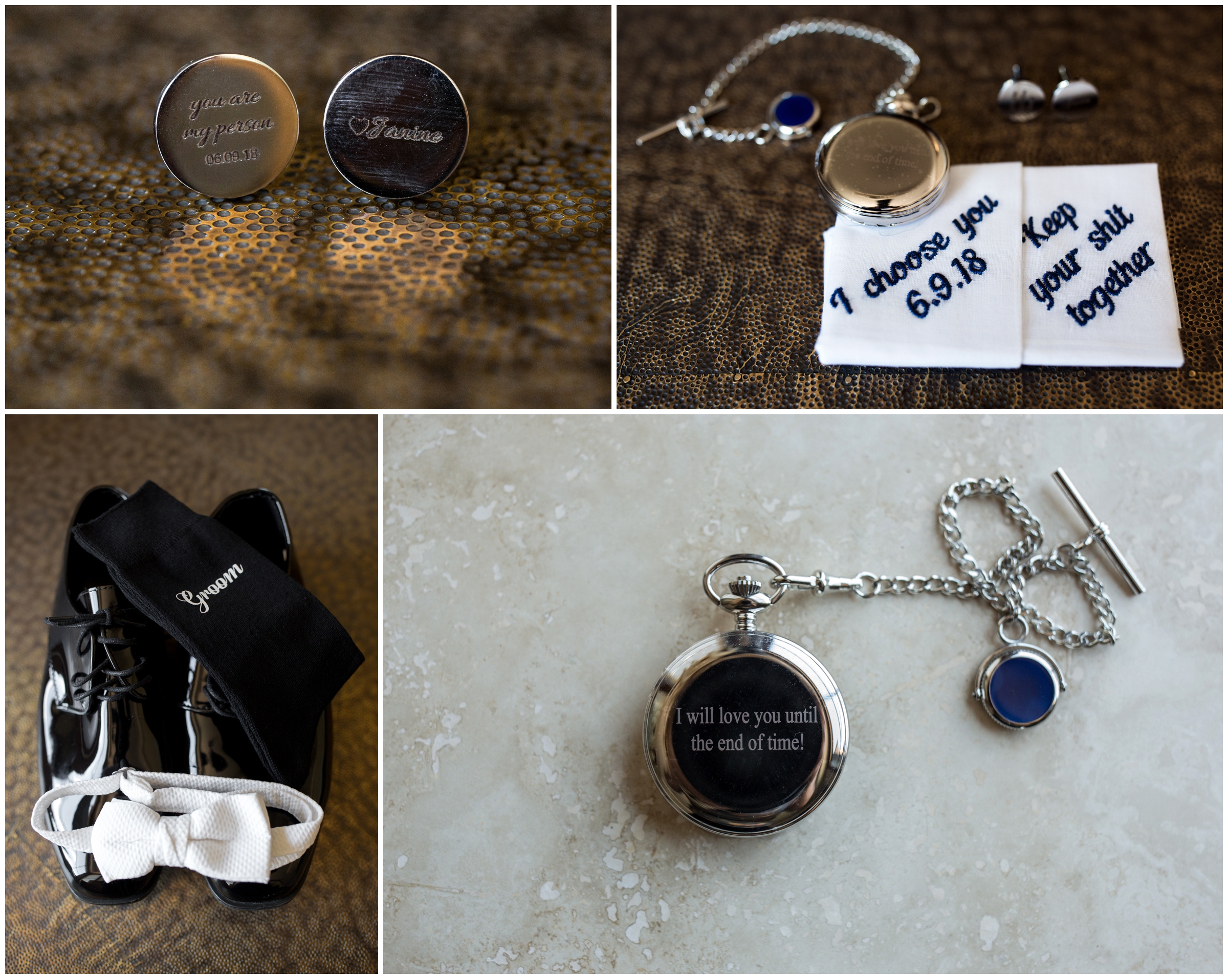 personalized cufflinks and handkerchief of Colorado Springs groom