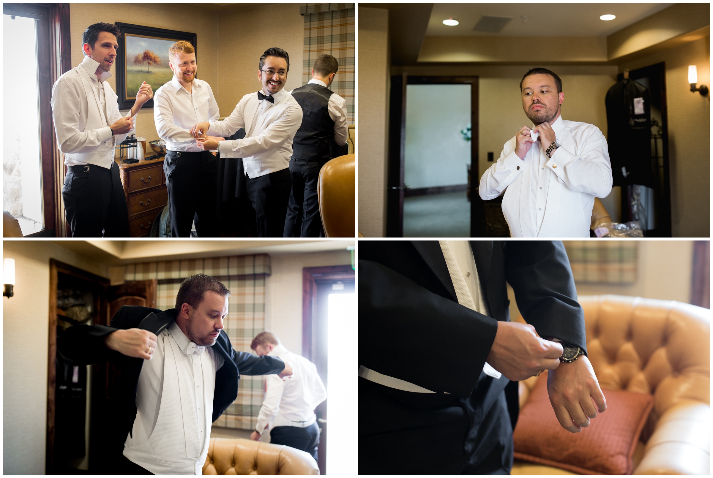 guys getting dressed at the Pinery groom's room 