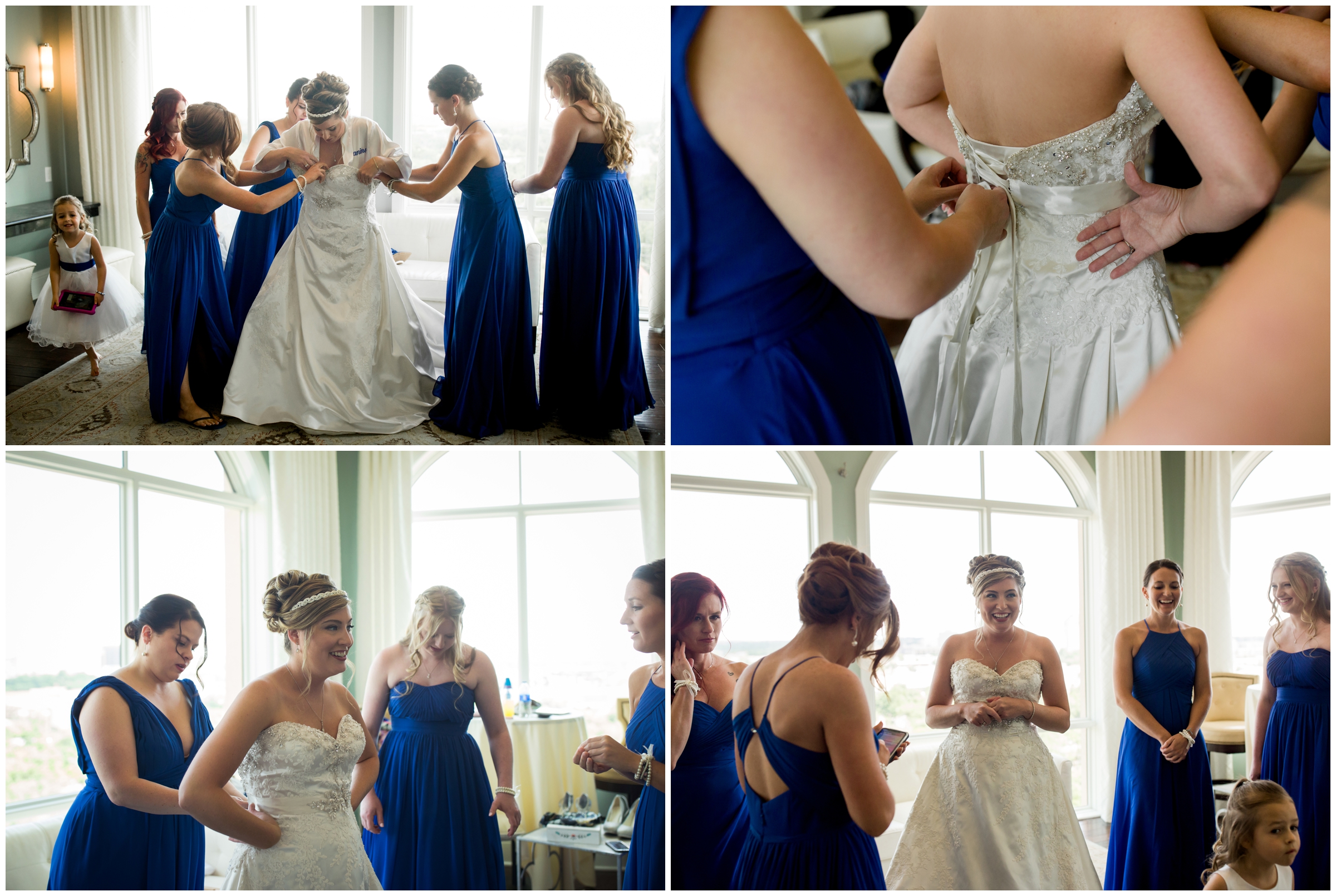 bride getting in her dress in bridal suite at the Pinery at the hill 