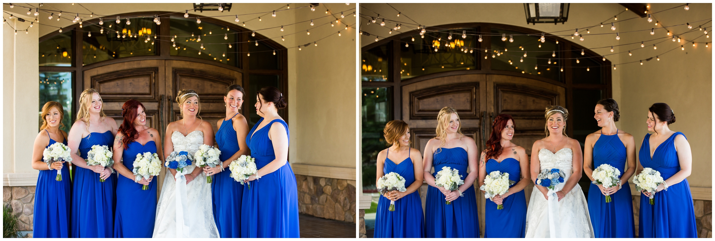 bridesmaids in royal blue dresses posing in front of wooden doors at The Pinery wedding 