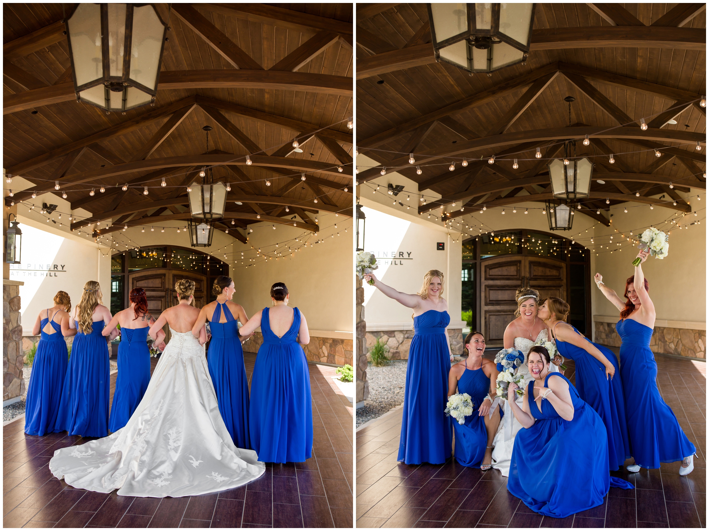bridesmaids in long royal blue dresses at Colorado Springs wedding 