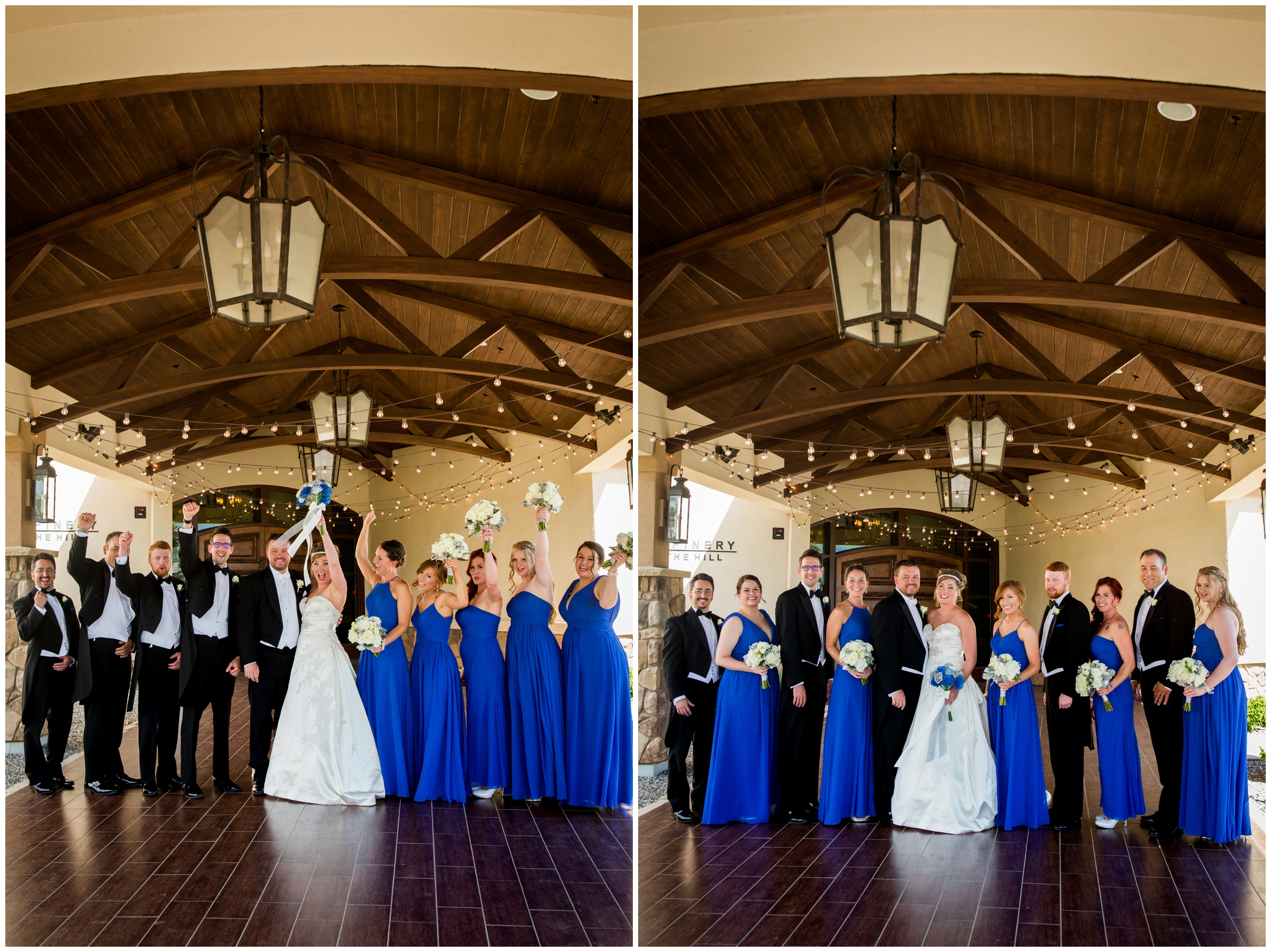 wedding party in royal blue and black cheering outside the Pinery at the Hill 