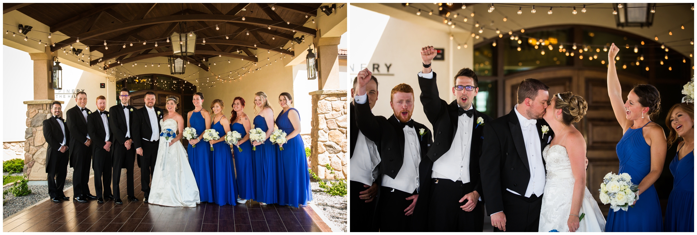 bridal party posing in front of wood doors at Colorado Springs wedding