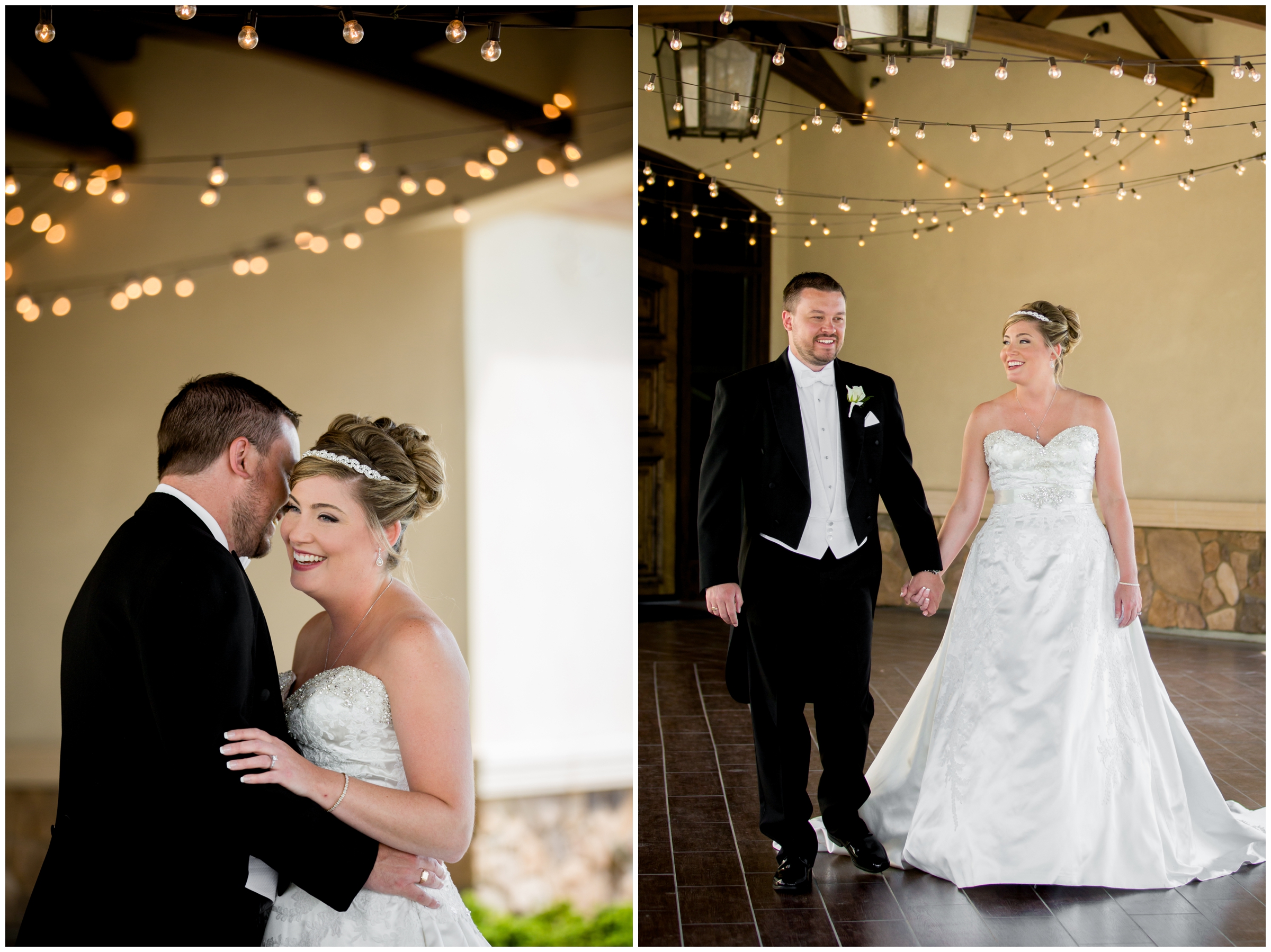 bride and groom embracing under the lights of the pinery at the hill during their Colorado Springs wedding photography session 