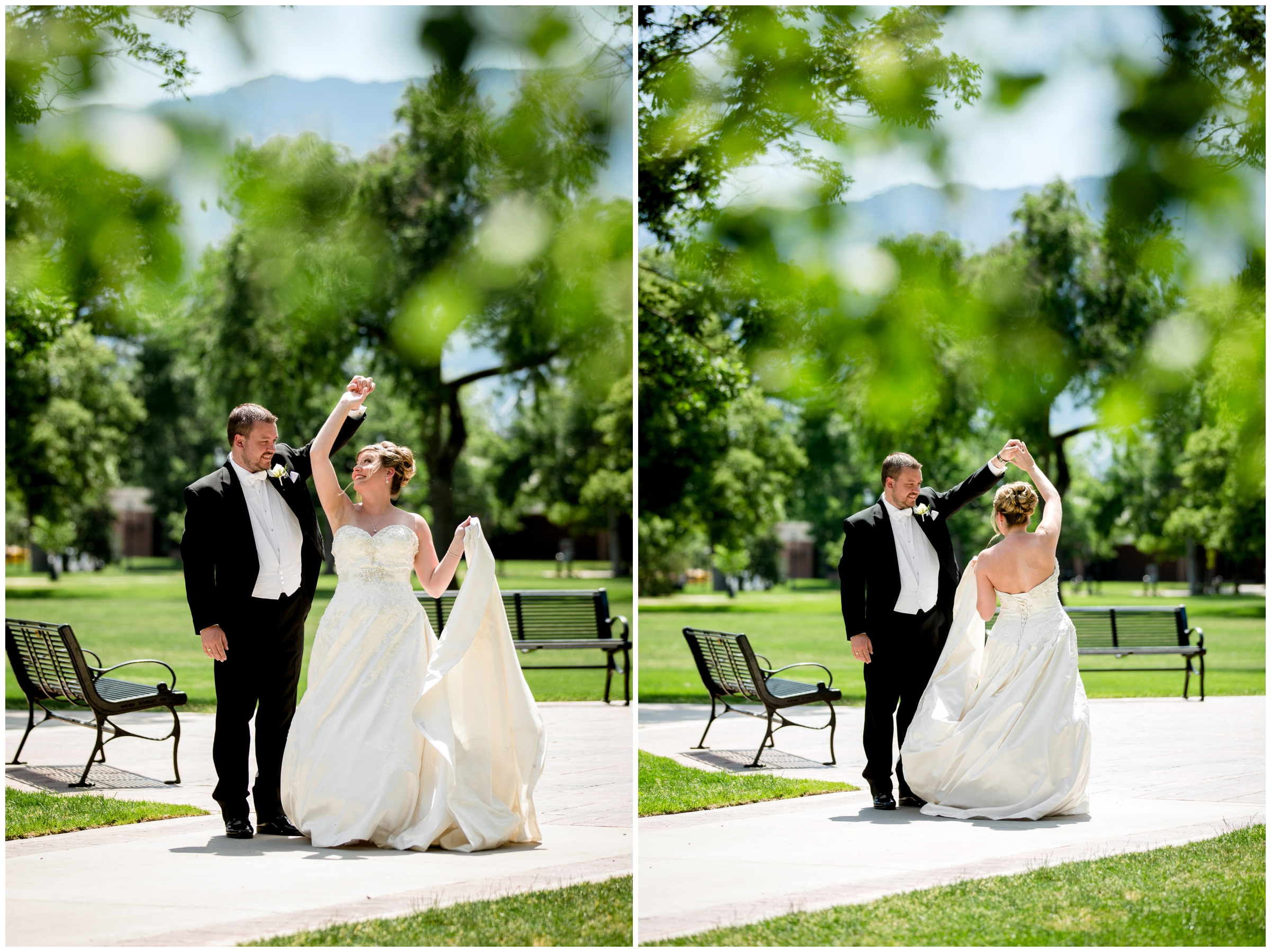 groom spinning bride on Colorado College campus during summer outdoor wedding photos 