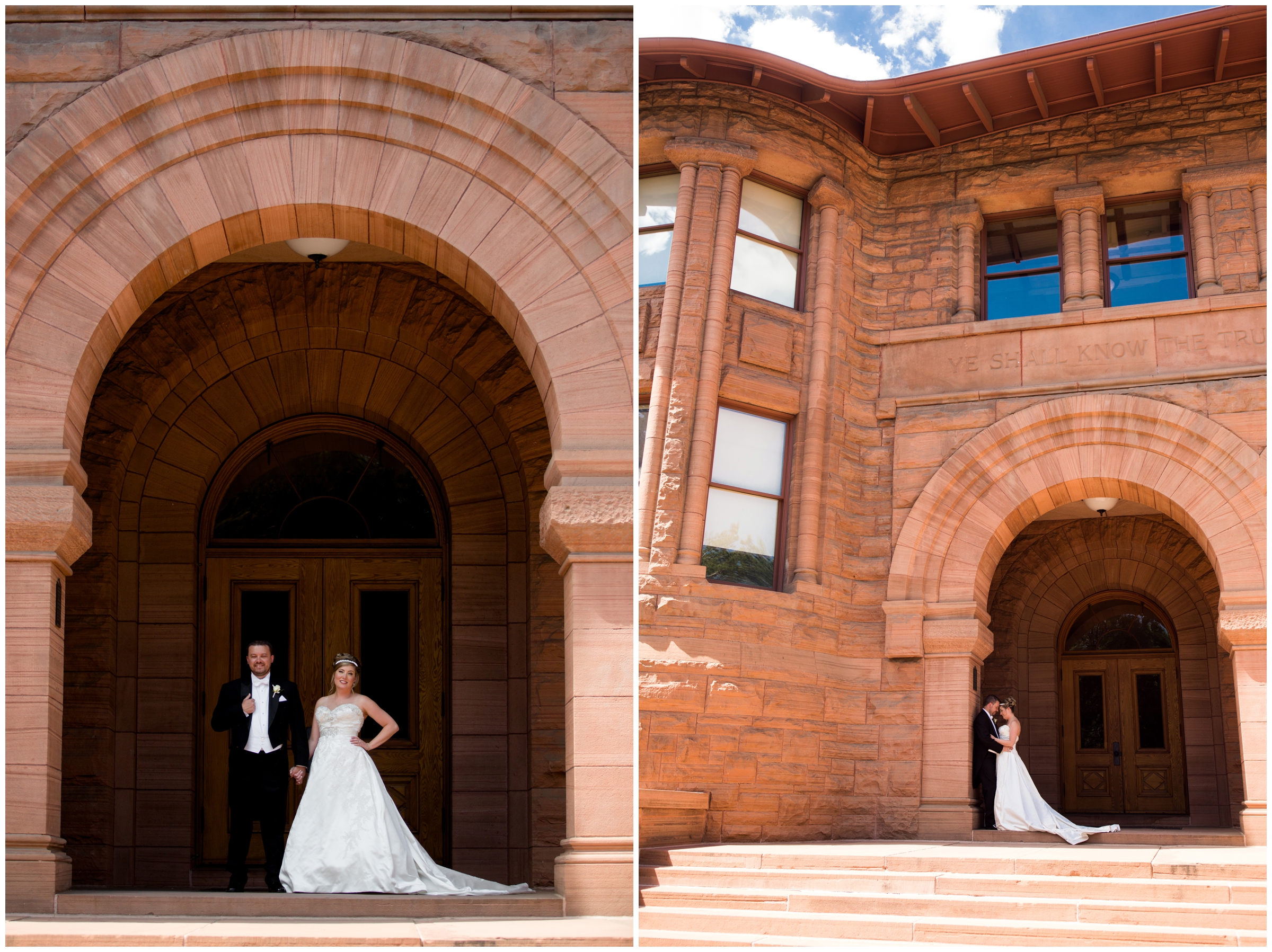 bride and groom posing under archway at Colorado College during summer wedding pictures 