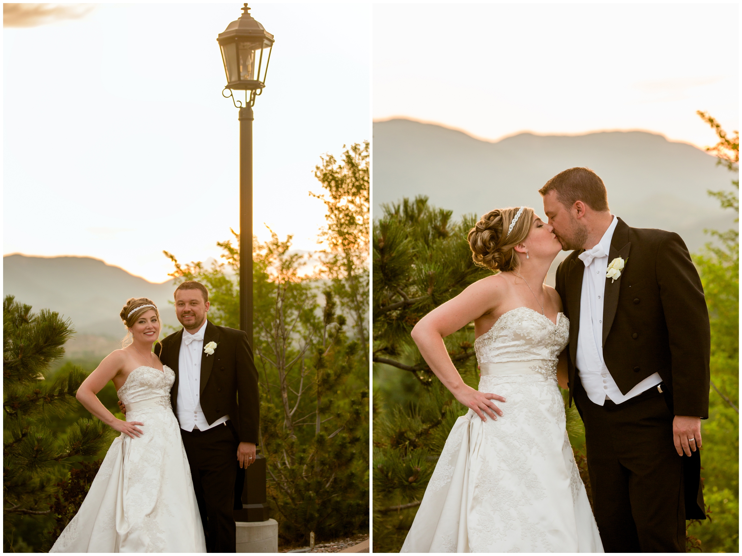 bride and groom kissing with golden sunset in background during Colorado Springs wedding pictures 