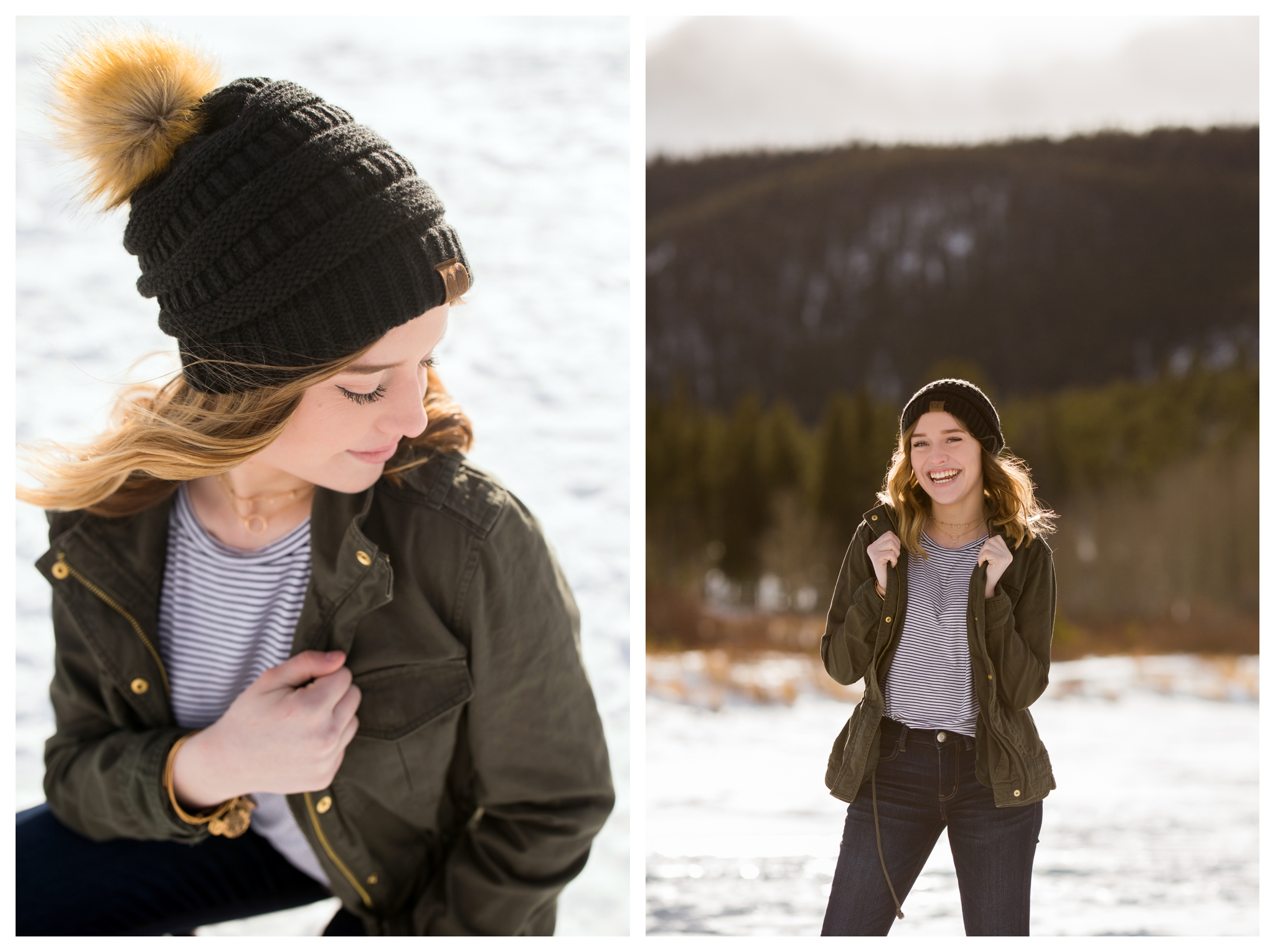 teen girl in stocking cap posing in snow at Lily Lake Estes Park 