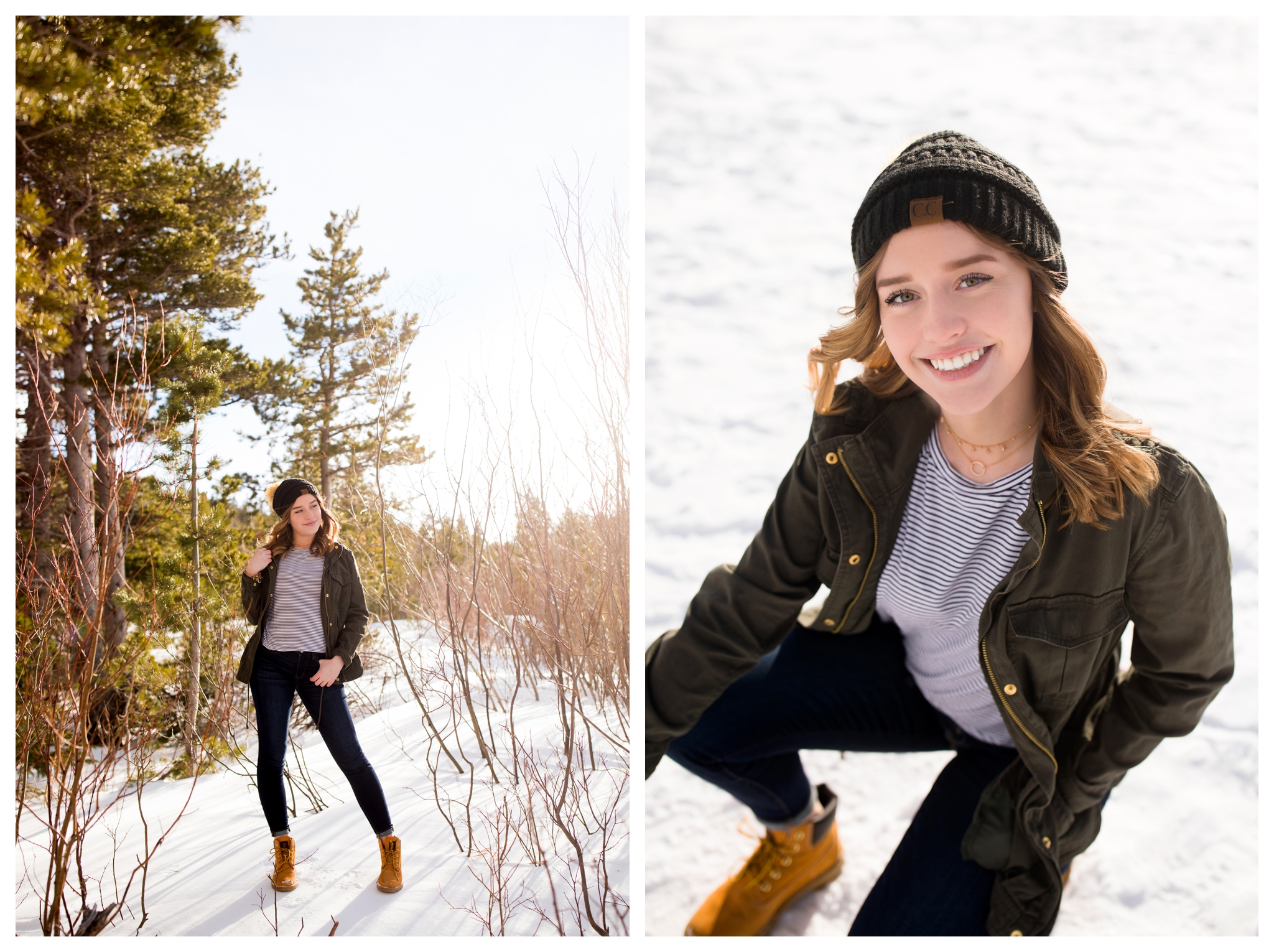 teen girl posing in snowy trees at Lily Lake Estes Park