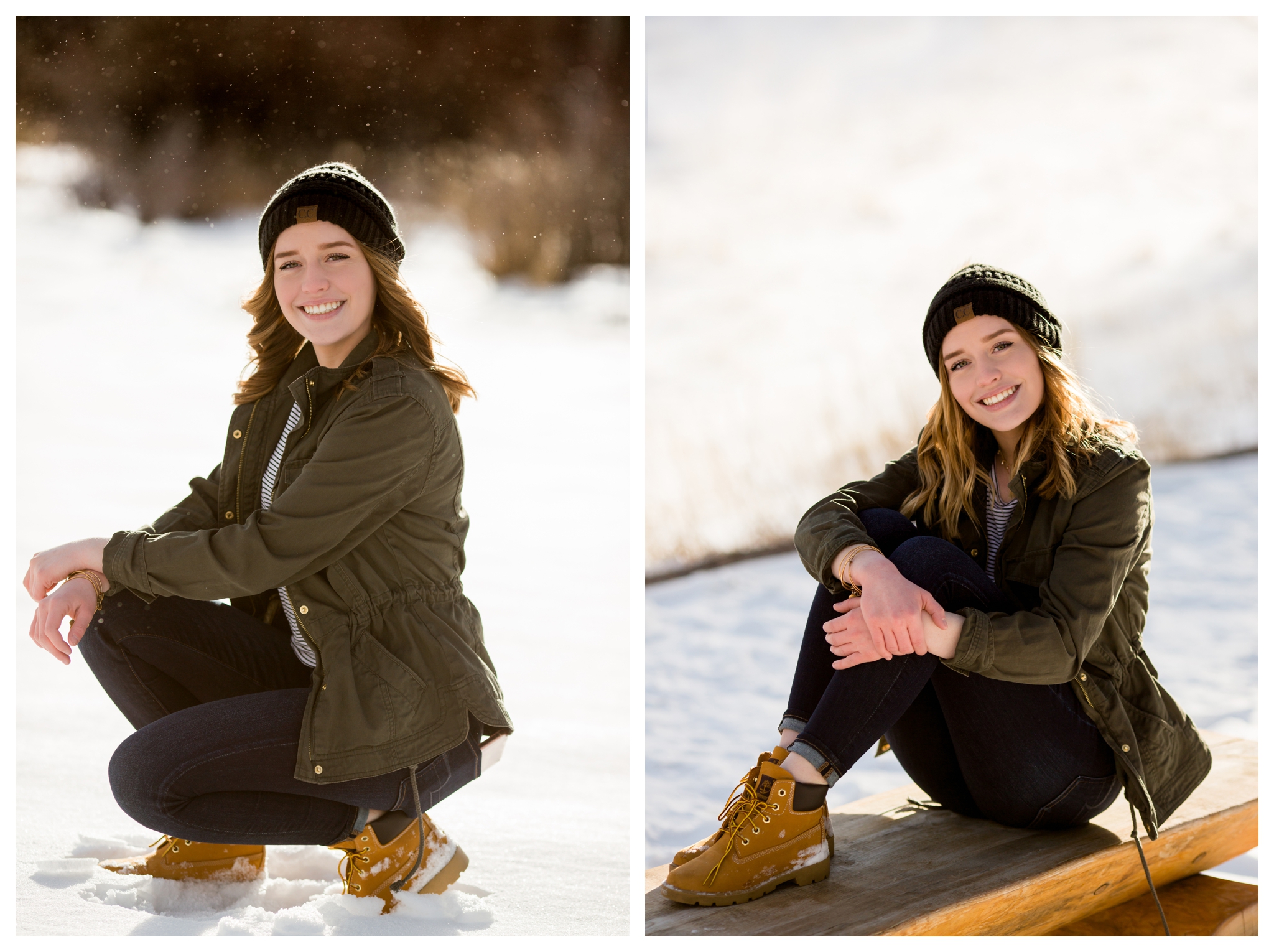 teen girl sitting on bench at Lily Lake Estes park 