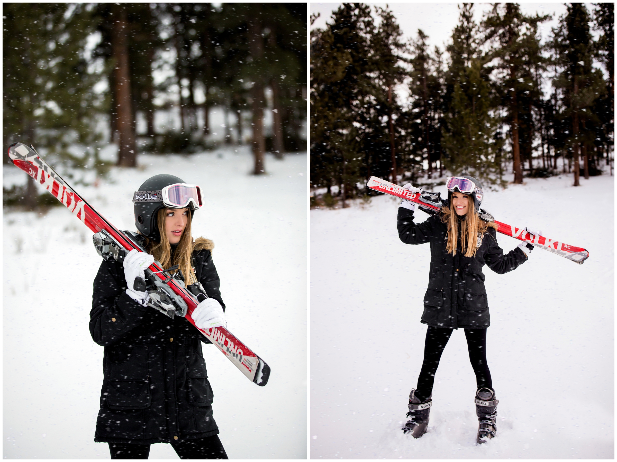teen girl posing with snow skis during Estes park colorado winter senior pictures 