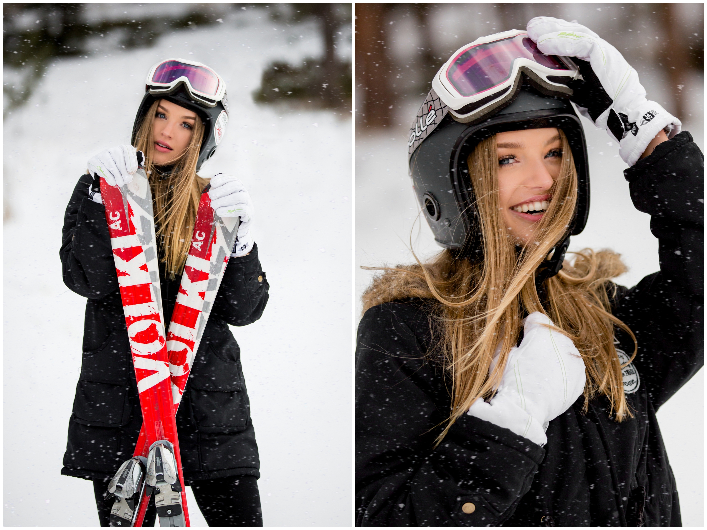 teen posing with snow skis during Colorado winter senior portraits 