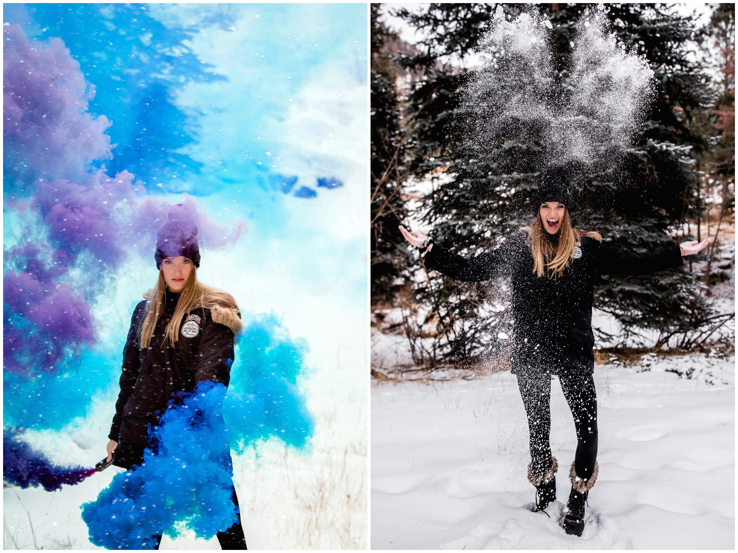 teen waving smoke bomb in the snow during Estes park Colorado senior portraits 