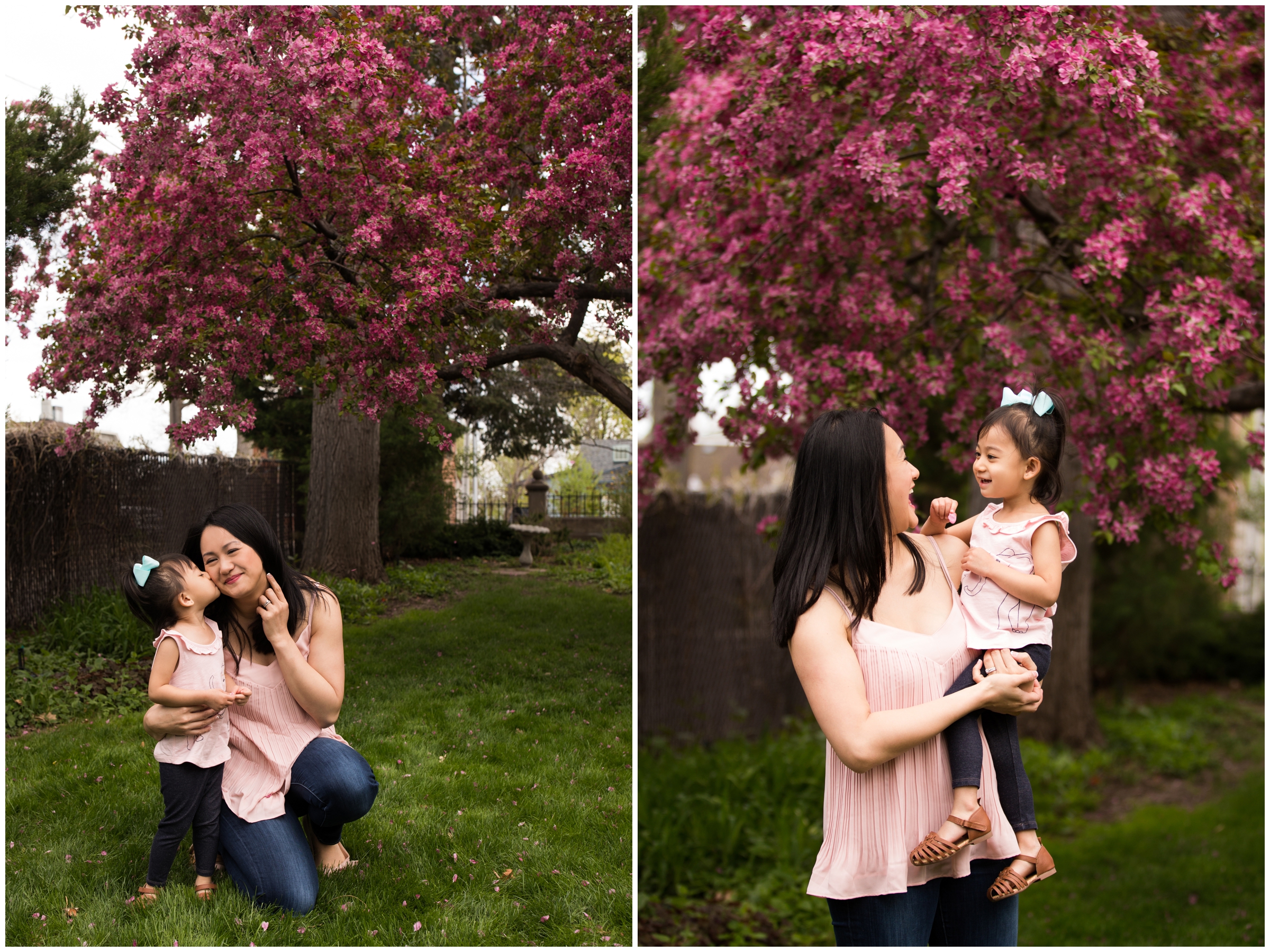 mom and daughter posing in front of blossoming crab apple tree during Colorado spring family photography session 
