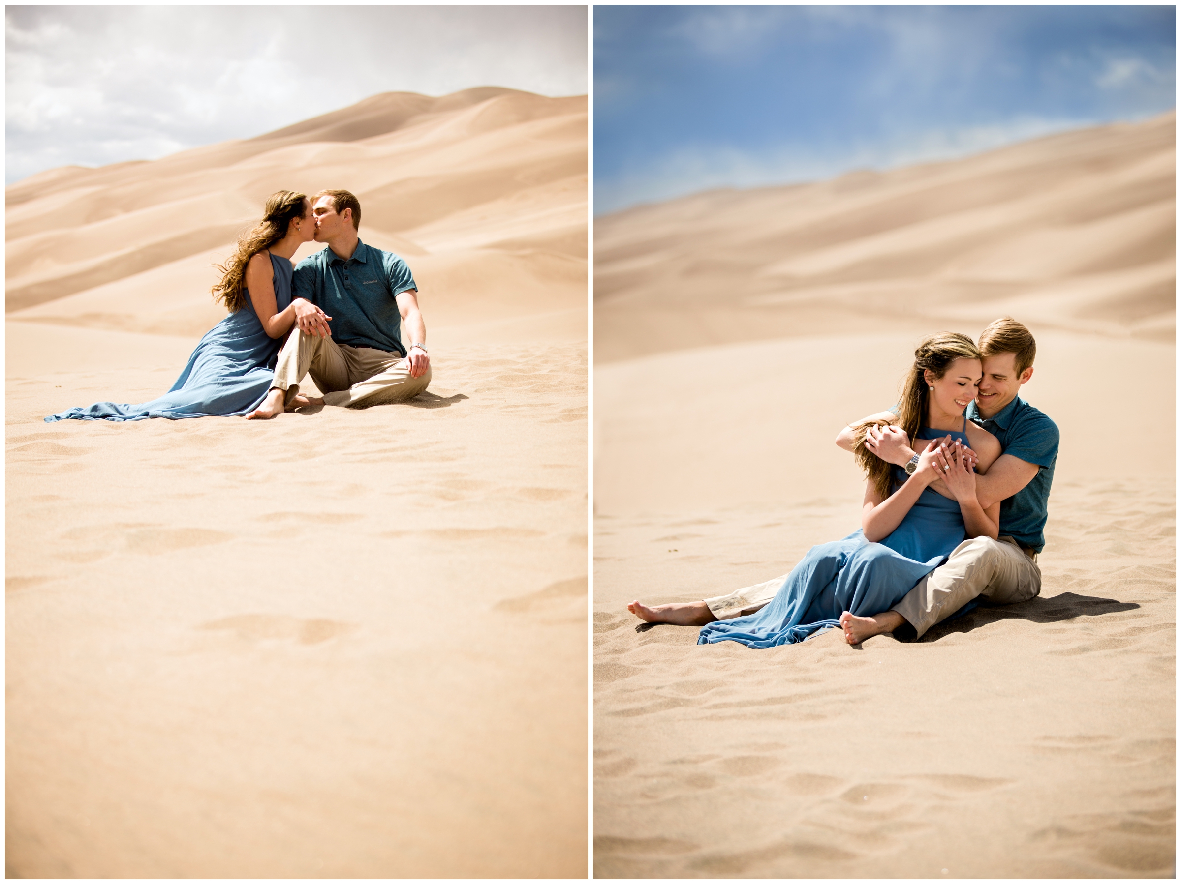 couple sitting in sand at Great Sand Dunes National Park during Colorado engagement pictures 
