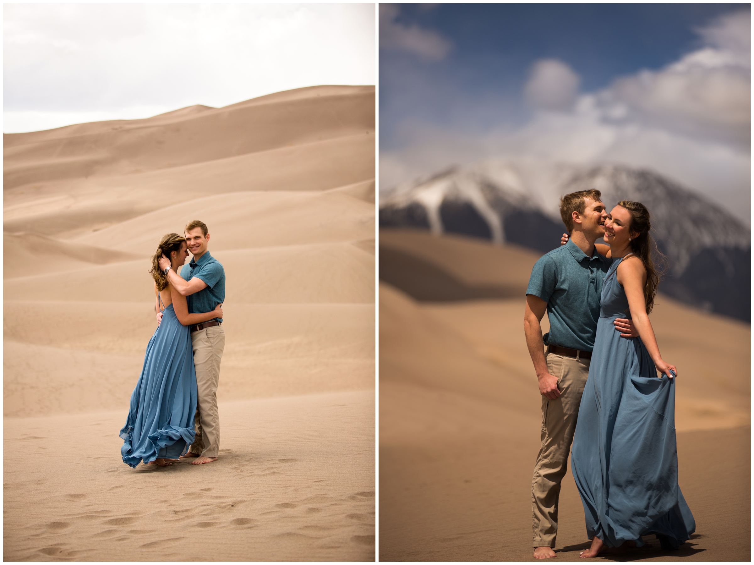 woman holding flowy dress with mountains in background at Colorado sand dunes engagement pictures 