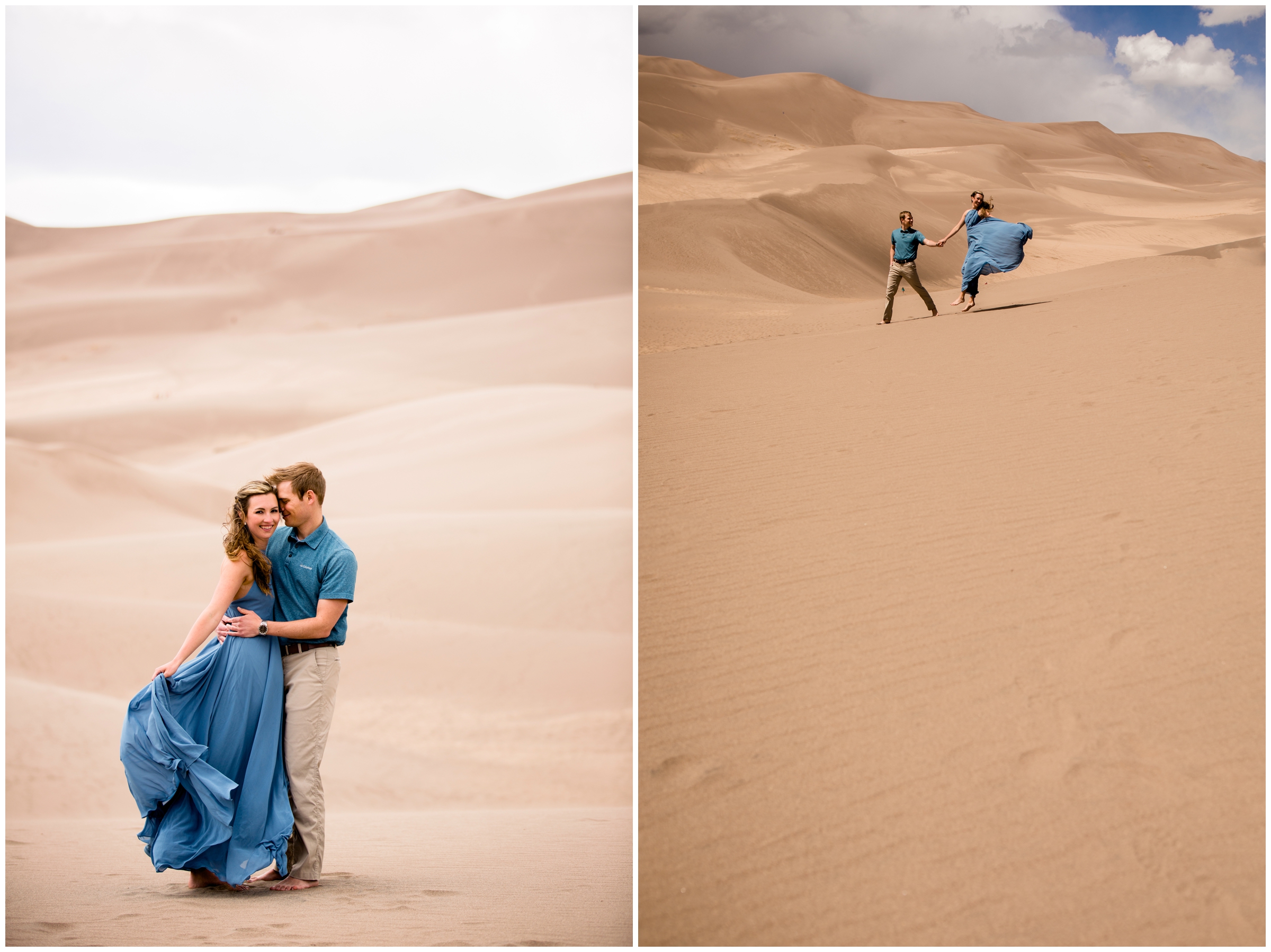 couple walking over the sand dunes at Colorado spring engagement pictures 