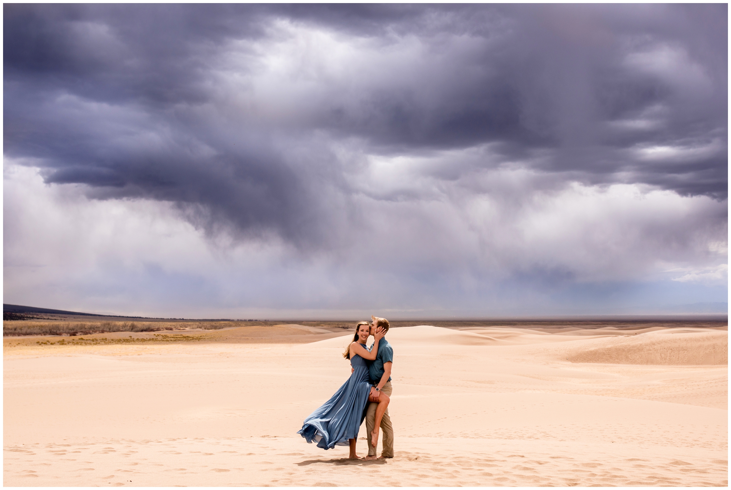 Sand Dunes Colorado engagement photos by adventure wedding photographer Plum Pretty Photography. Couple's portraits at the Great Sand Dunes National Park.