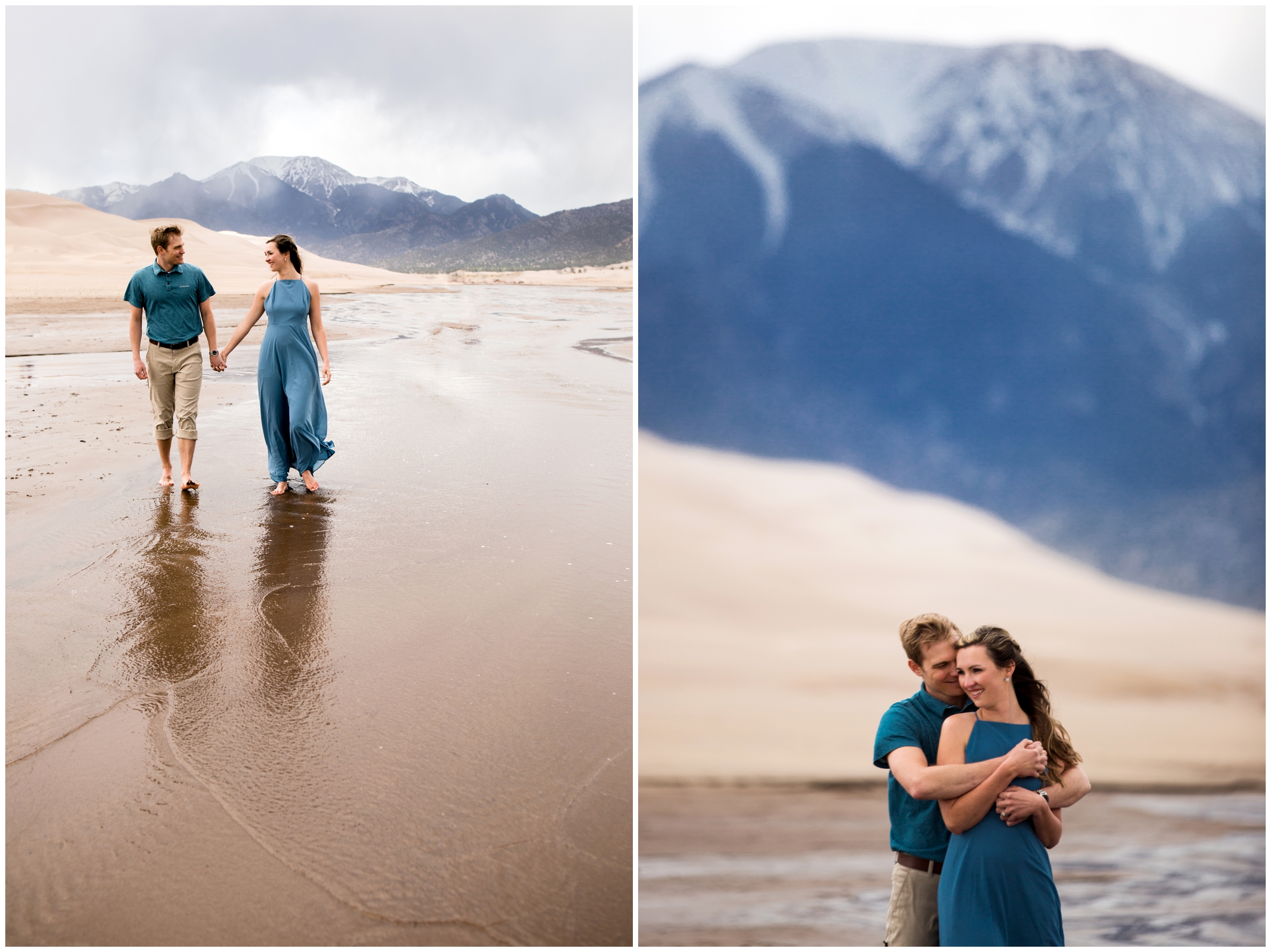 couple posing in the water during southern colorado engagement pictures at the Great Sand Dunes 