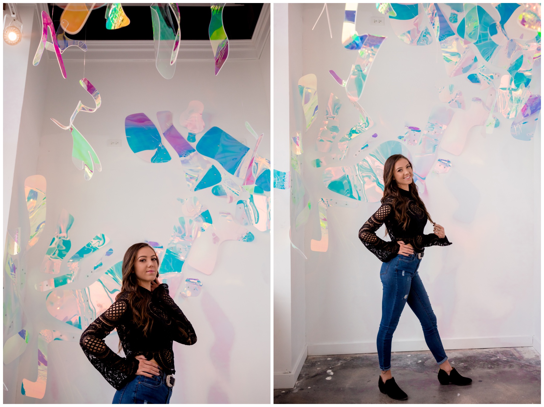 teen girl posing in front of art installation at Wonder Wonder Boulder senior photography session 