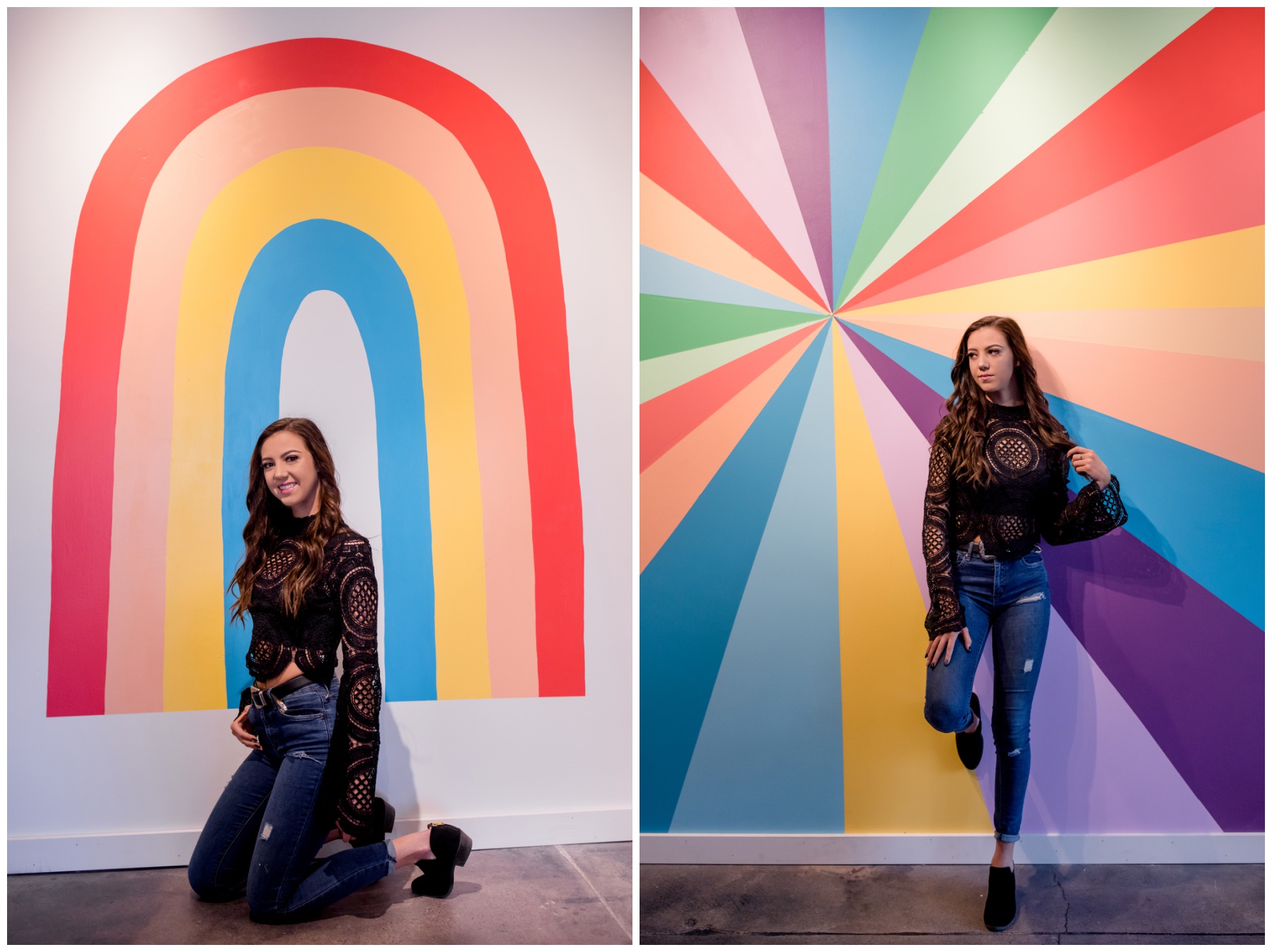 teen girl posing against a rainbow mural at Wonder Wonder CO
