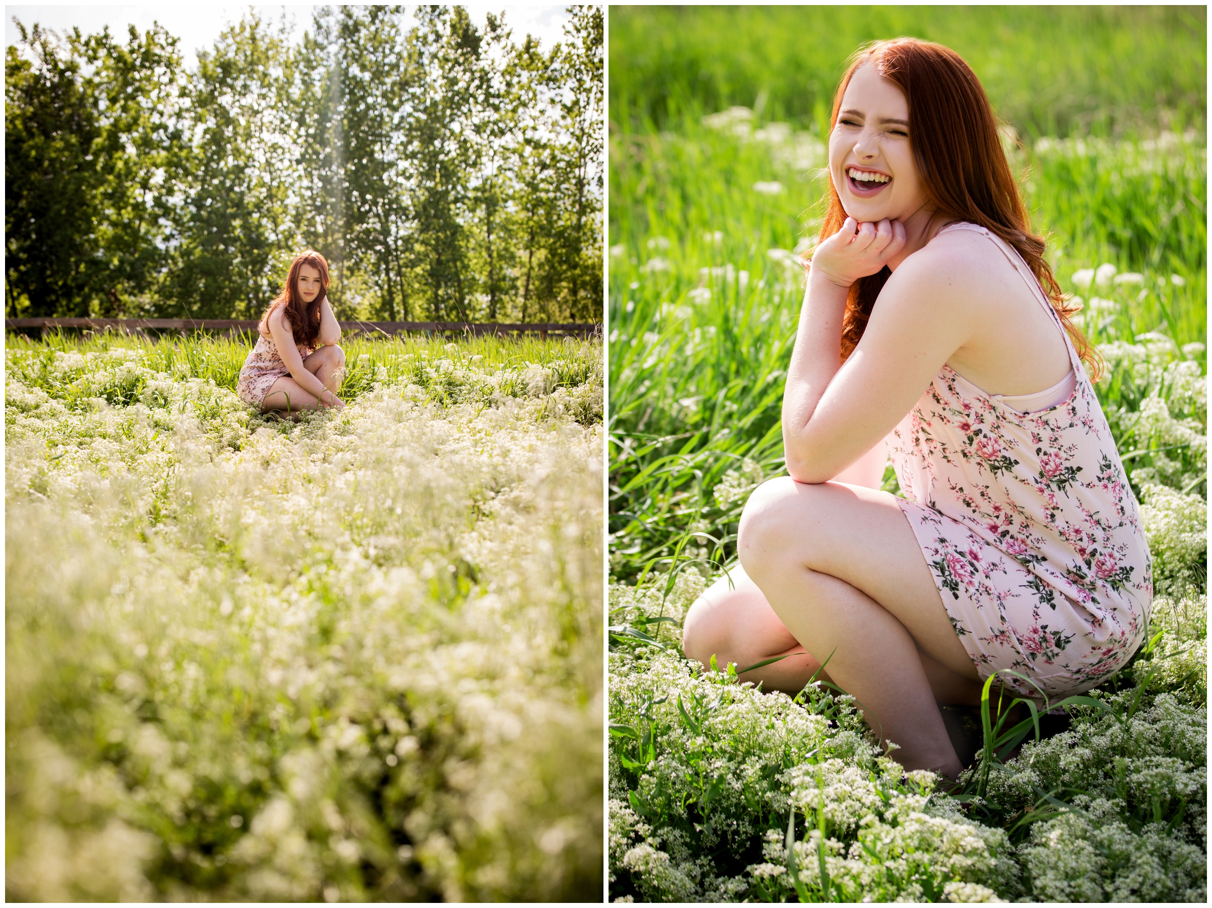 redhead teen posing in field of wildflowers during Erie Colorado senior photos