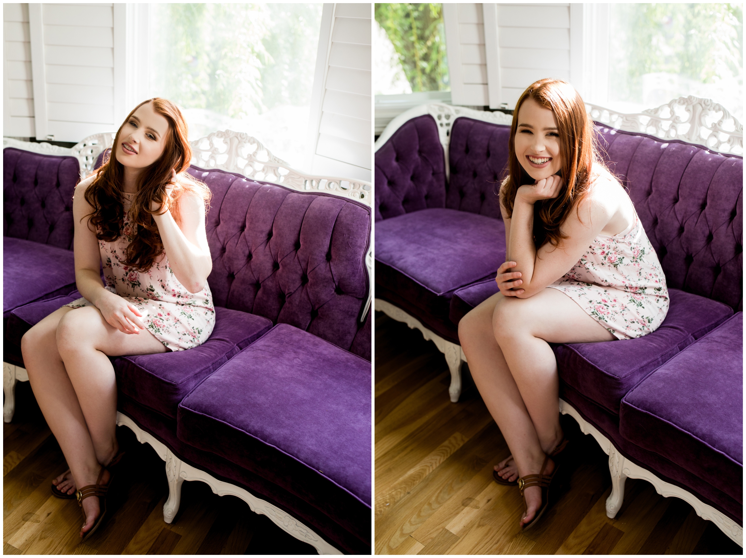 redhead on purple couch during indoor at-home Colorado senior photos 