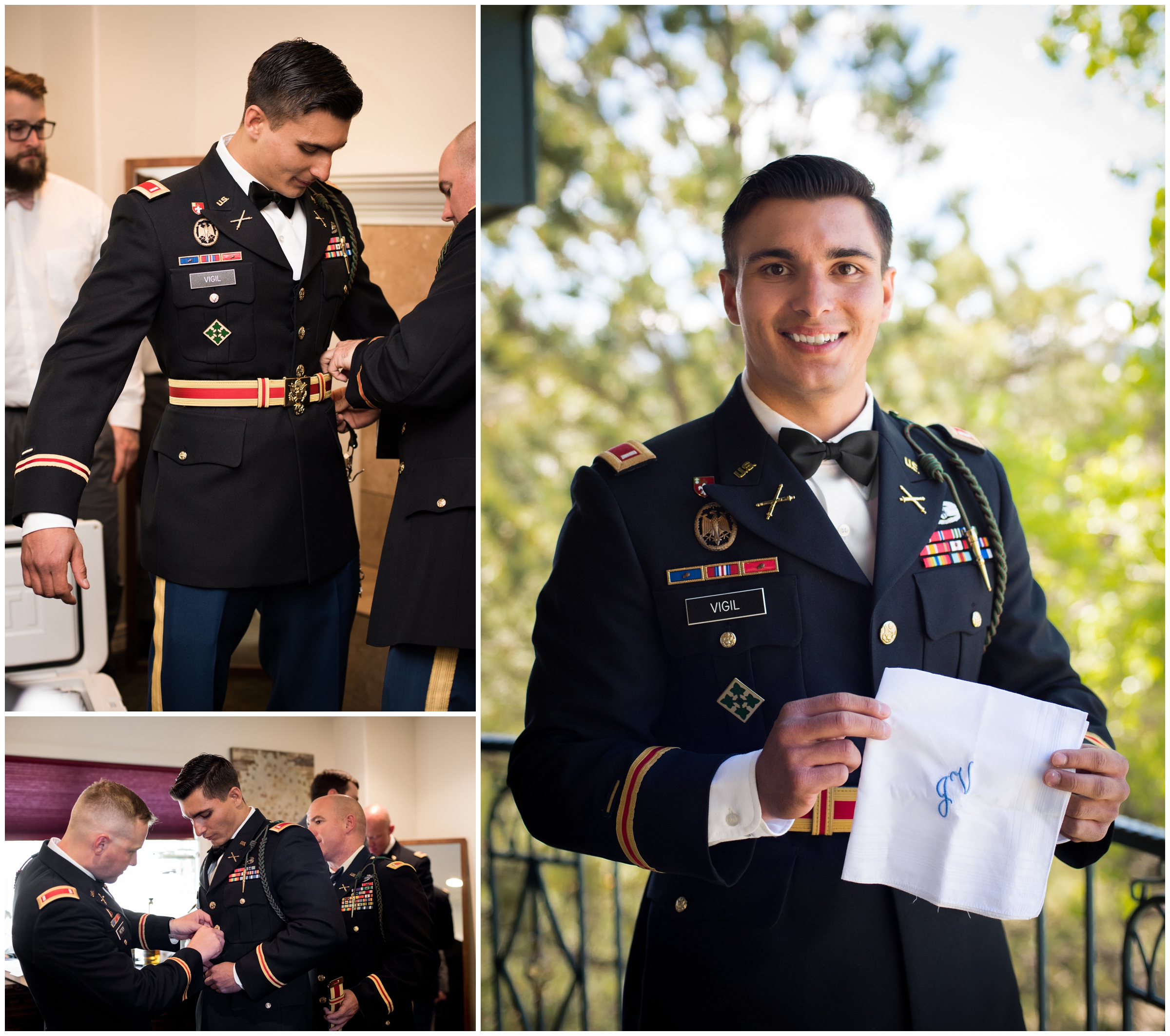 Colorado military groom getting dressed 