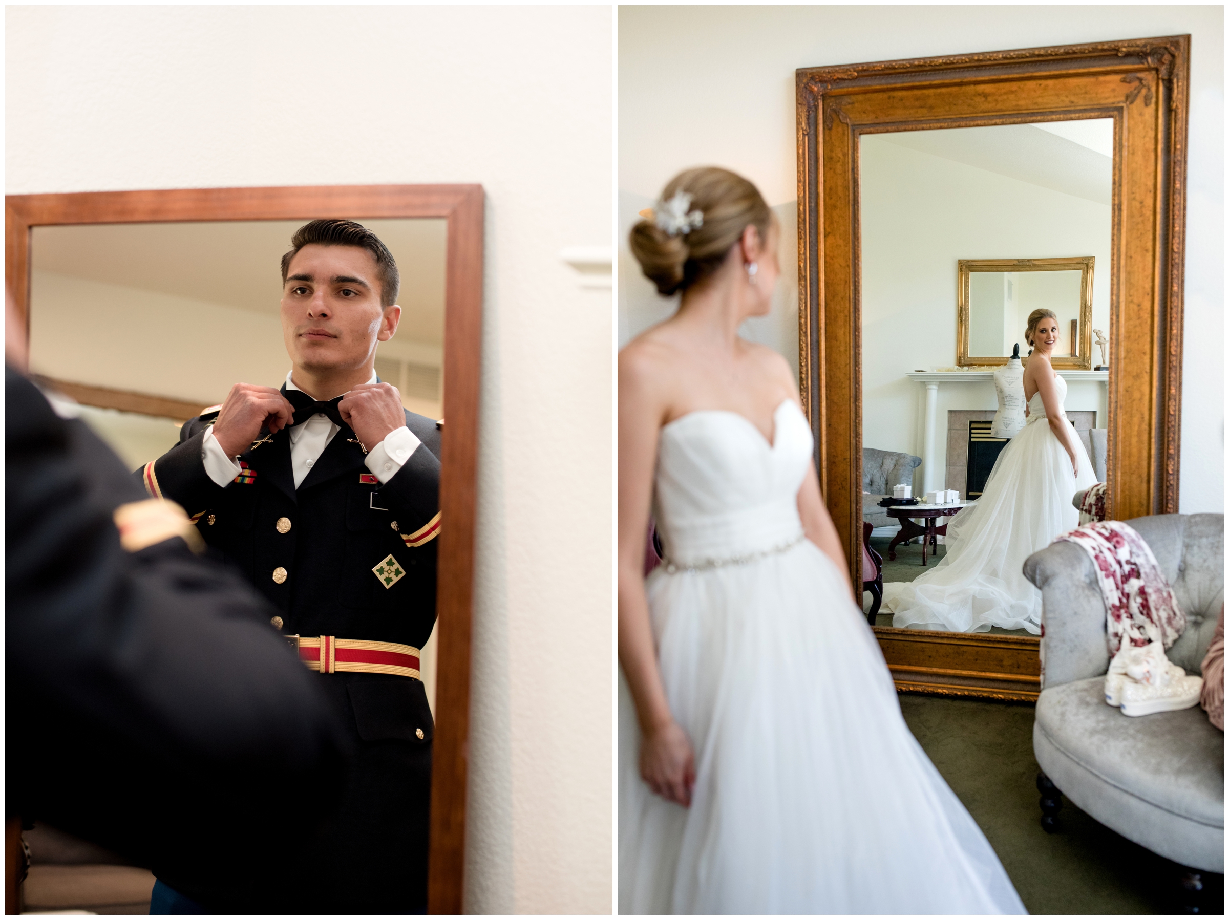 bride looking in mirror in Lionscrest bridal suite 