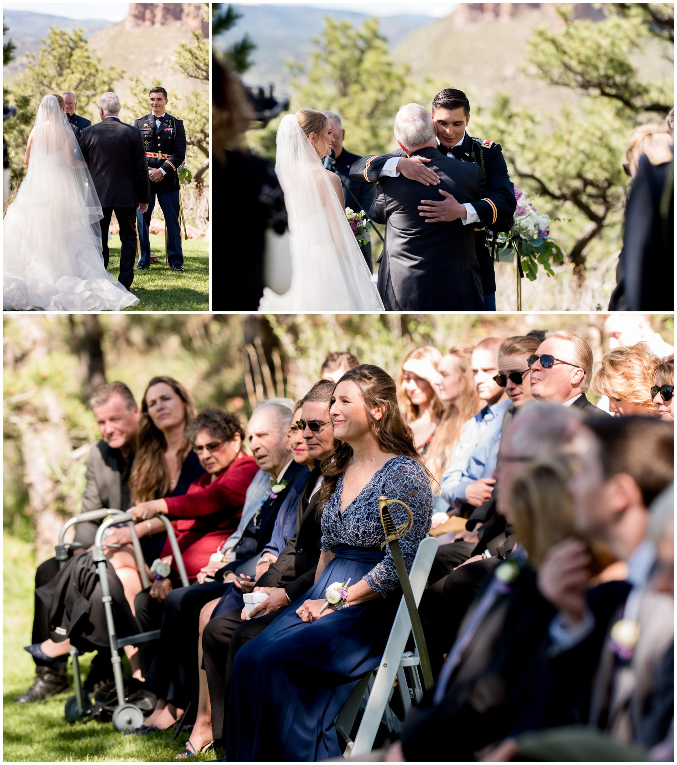 groom's reaction as bride walks down aisle at Lyons Colorado outdoor wedding ceremony 