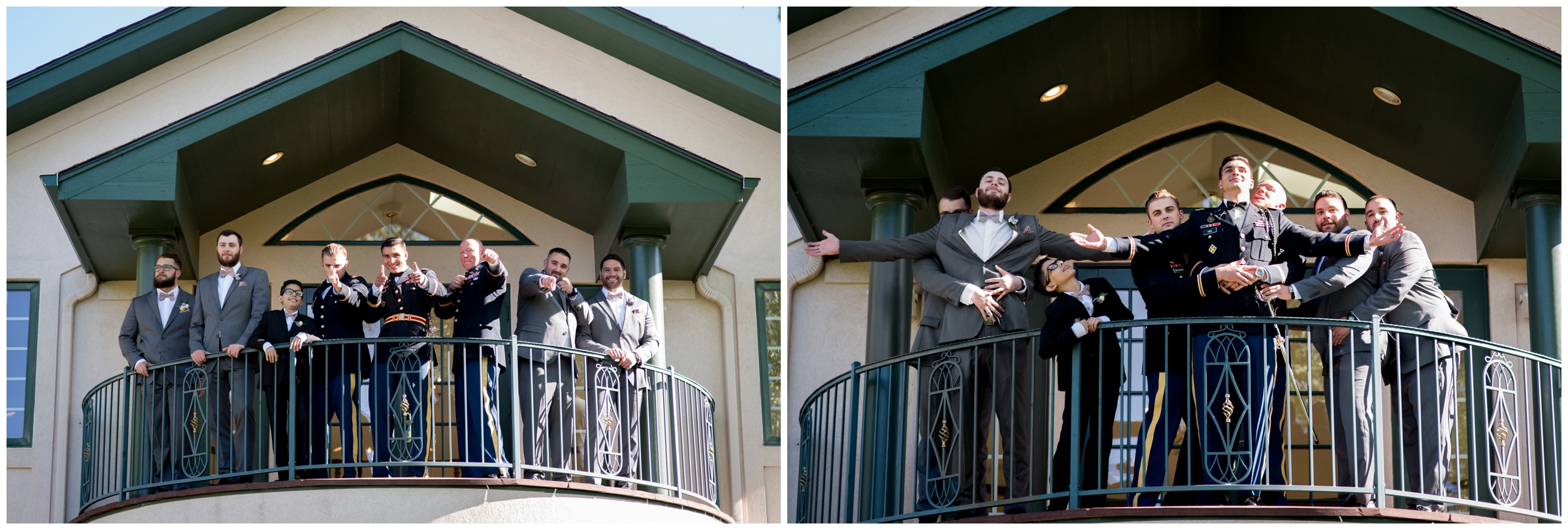 groomsmen posing on balcony at lionscrest manor Colorado 