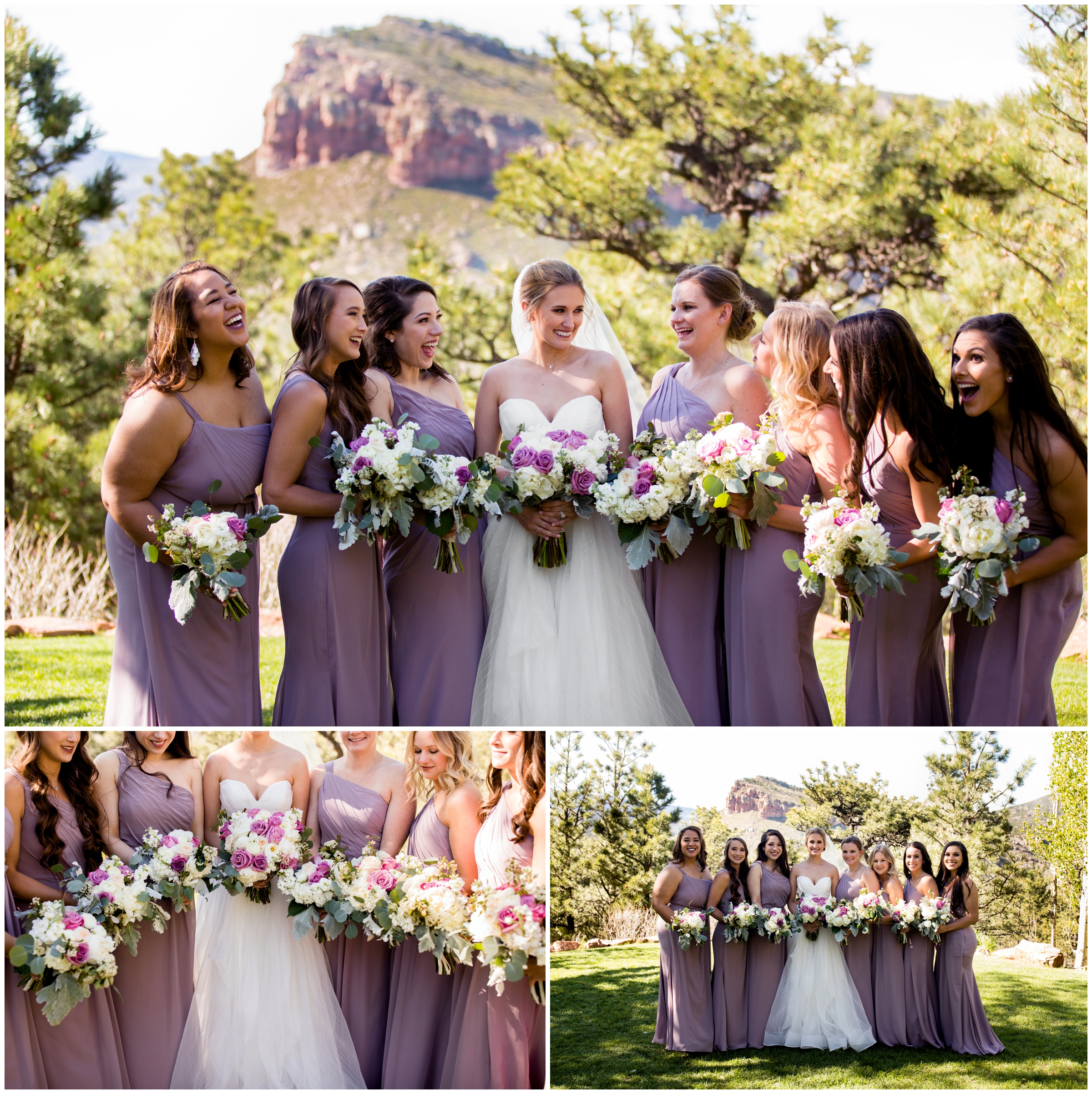 bridesmaids in long lilac dresses laughing at Lionscrest Manor summer wedding