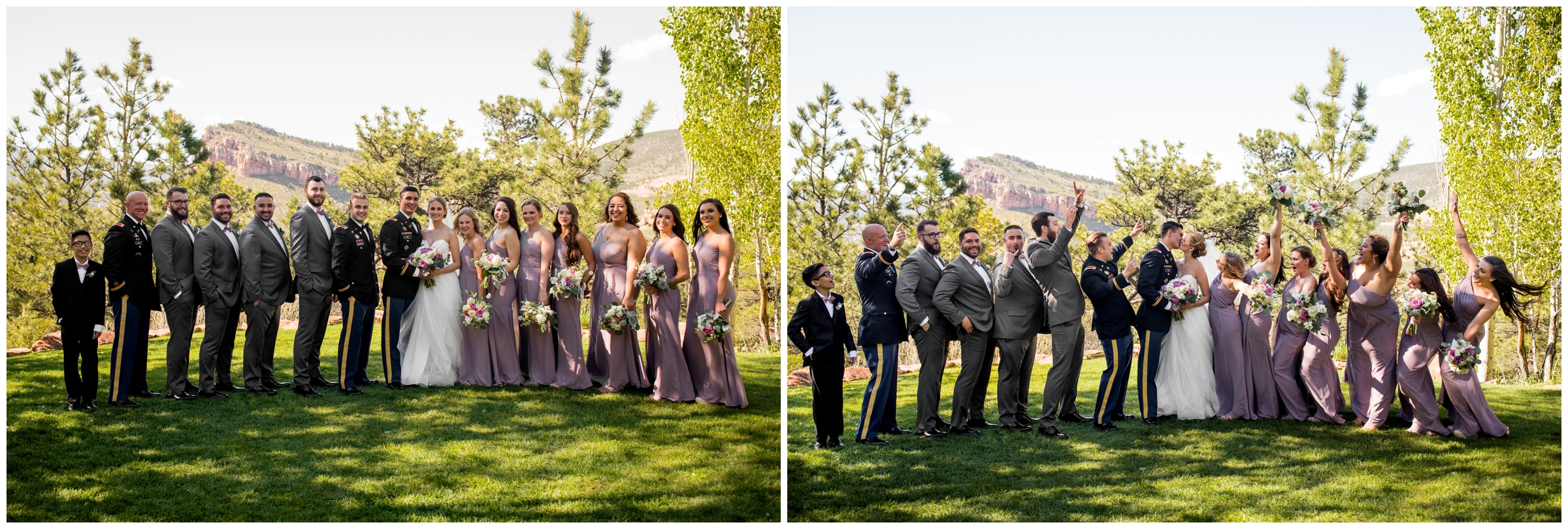 wedding party in gray and lilac purple at Colorado summer wedding