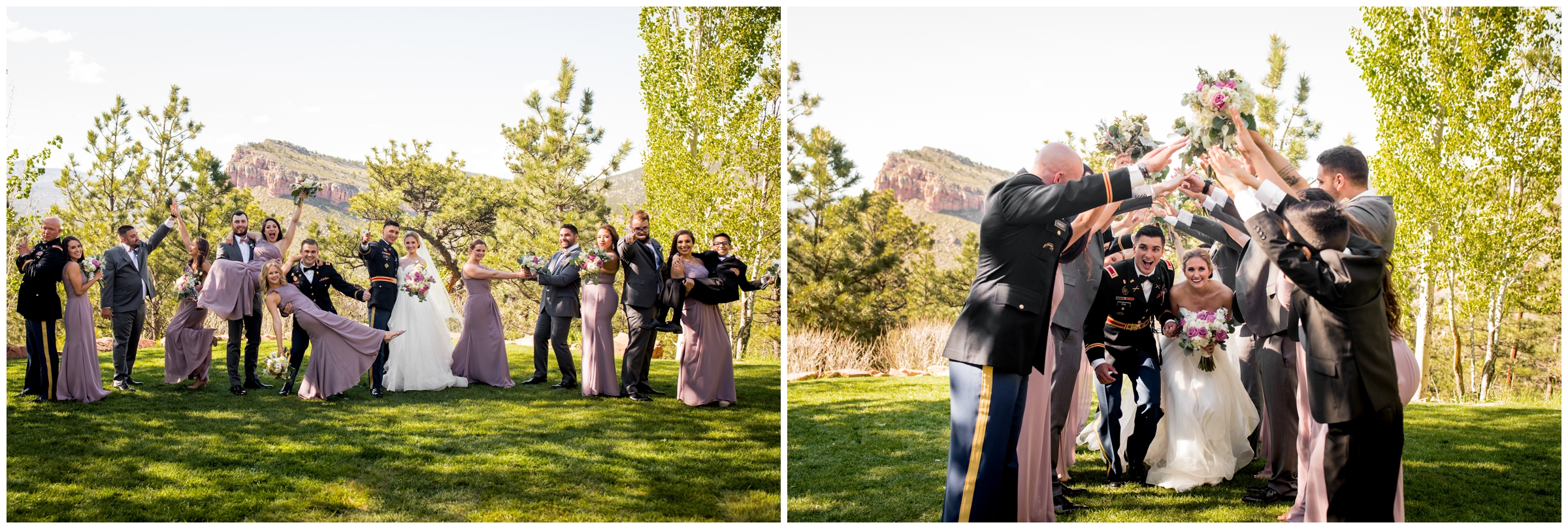 wedding party in lilac and gray posing during Lionscrest Manor Colorado summer wedding 
