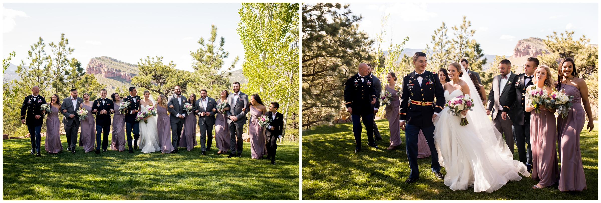 bridal party in lilac and gray walking behind Lionscrest Manor wedding venue 
