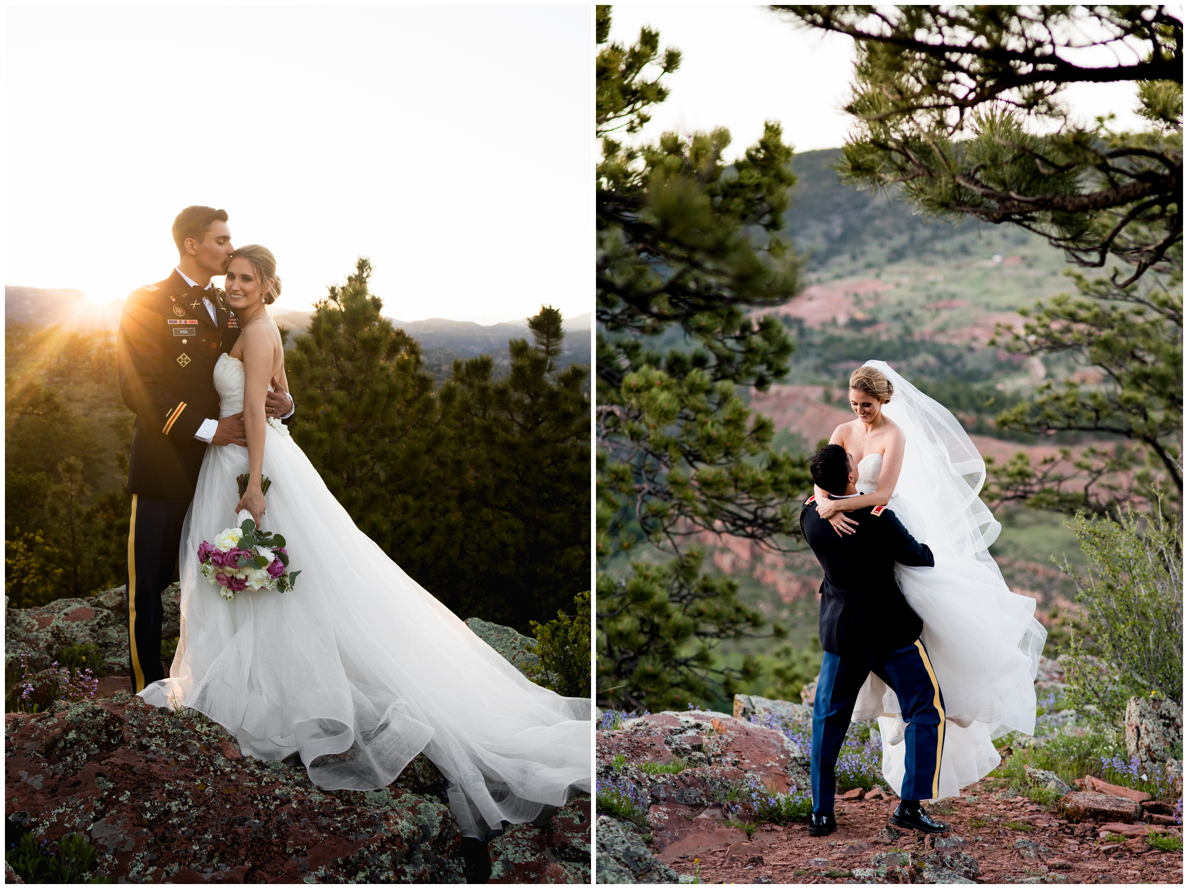groom lifting bride during Colorado mountain wedding portraits at Lionscrest Manor