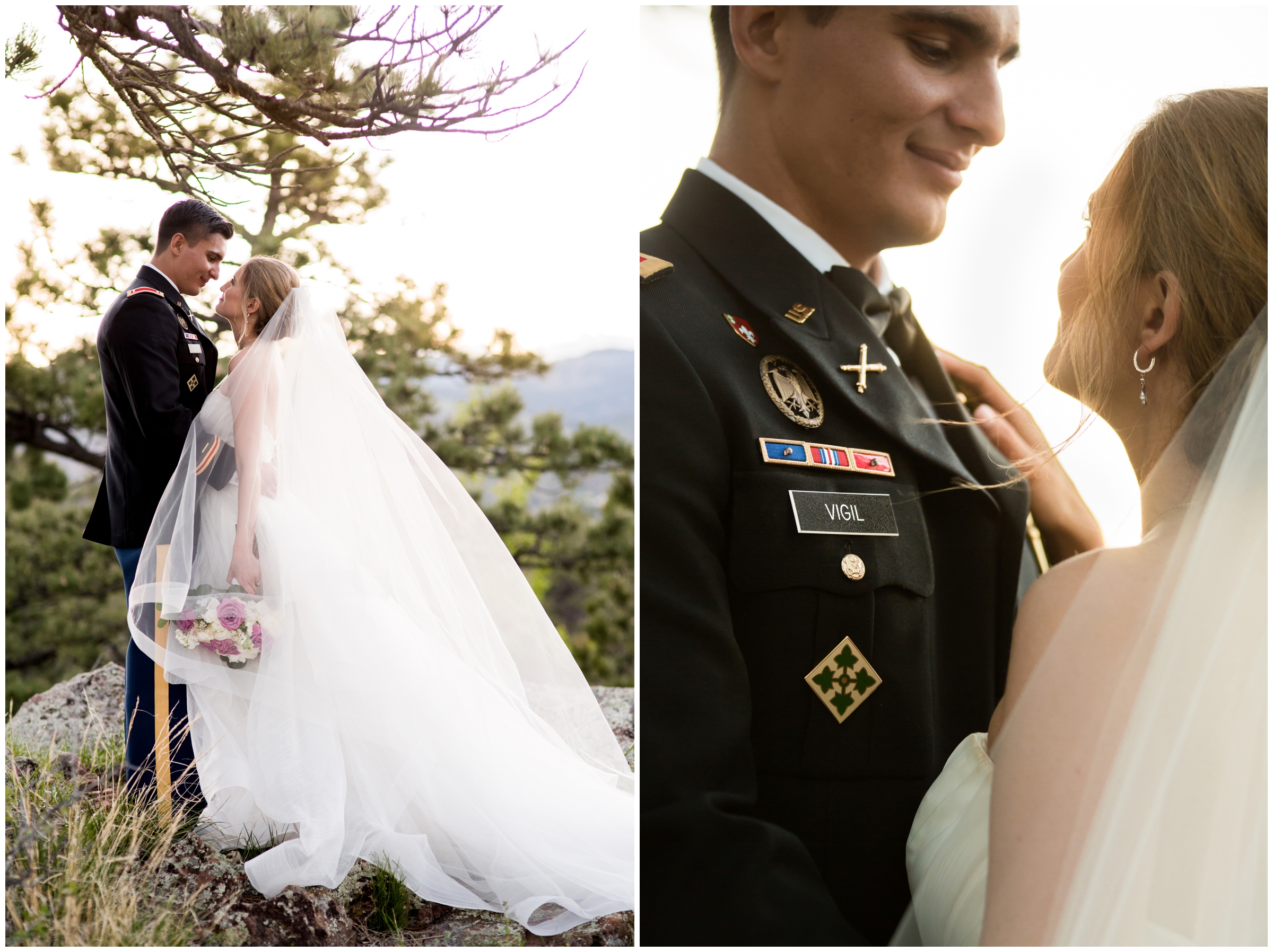 military groom in uniform posing for Colorado mountain wedding photos