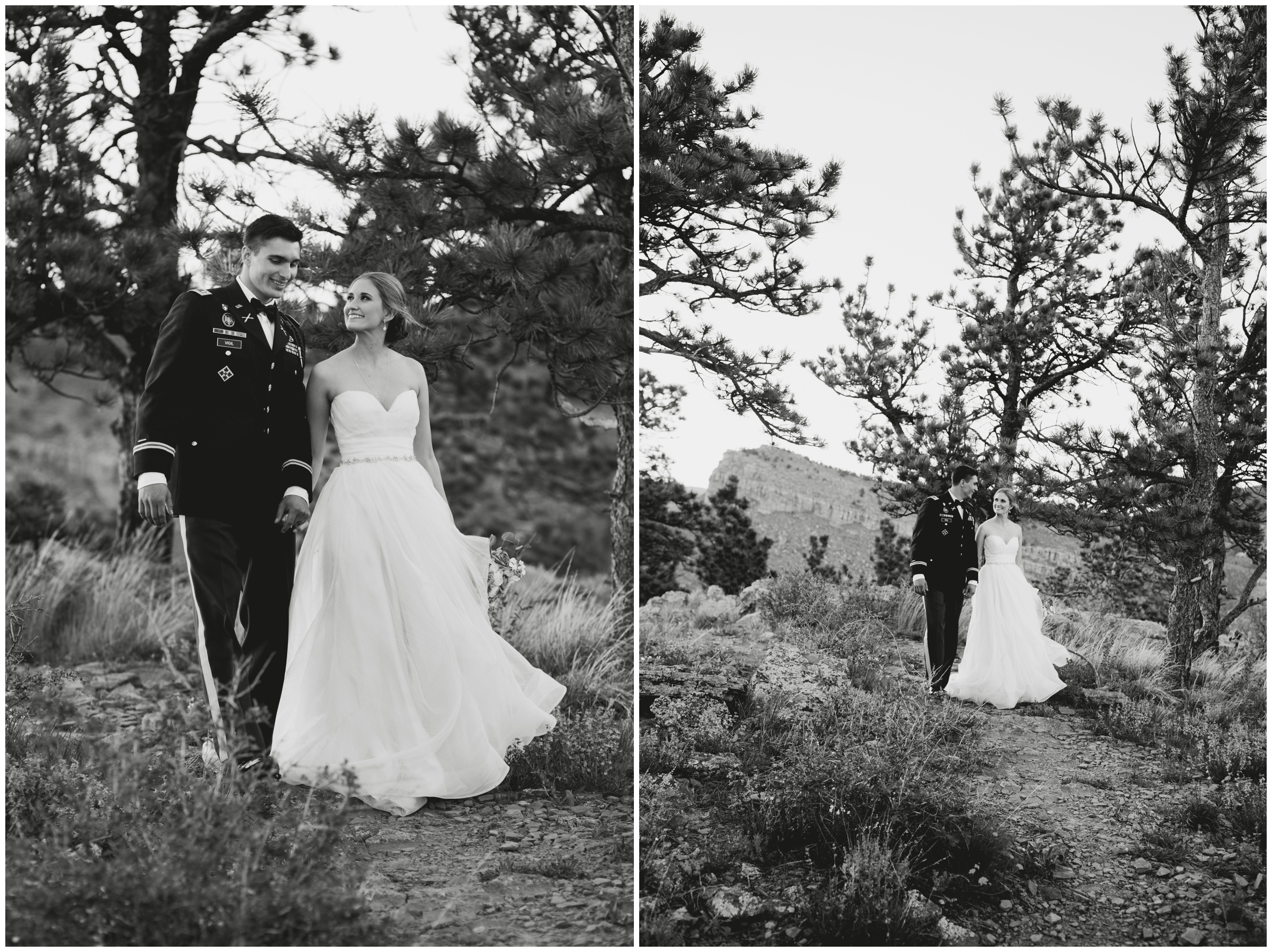 bride and groom walking in forest during Lyons Colorado mountain wedding pictures 