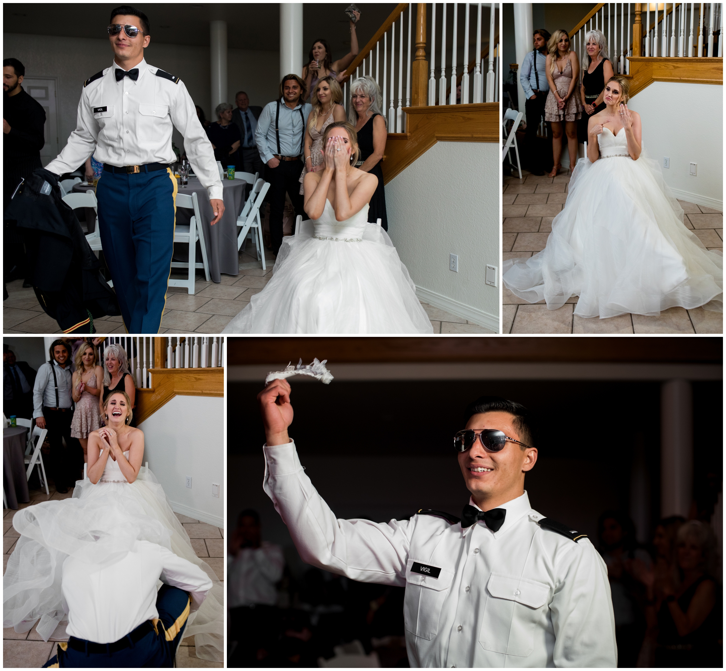 garter toss at Colorado summer wedding reception 