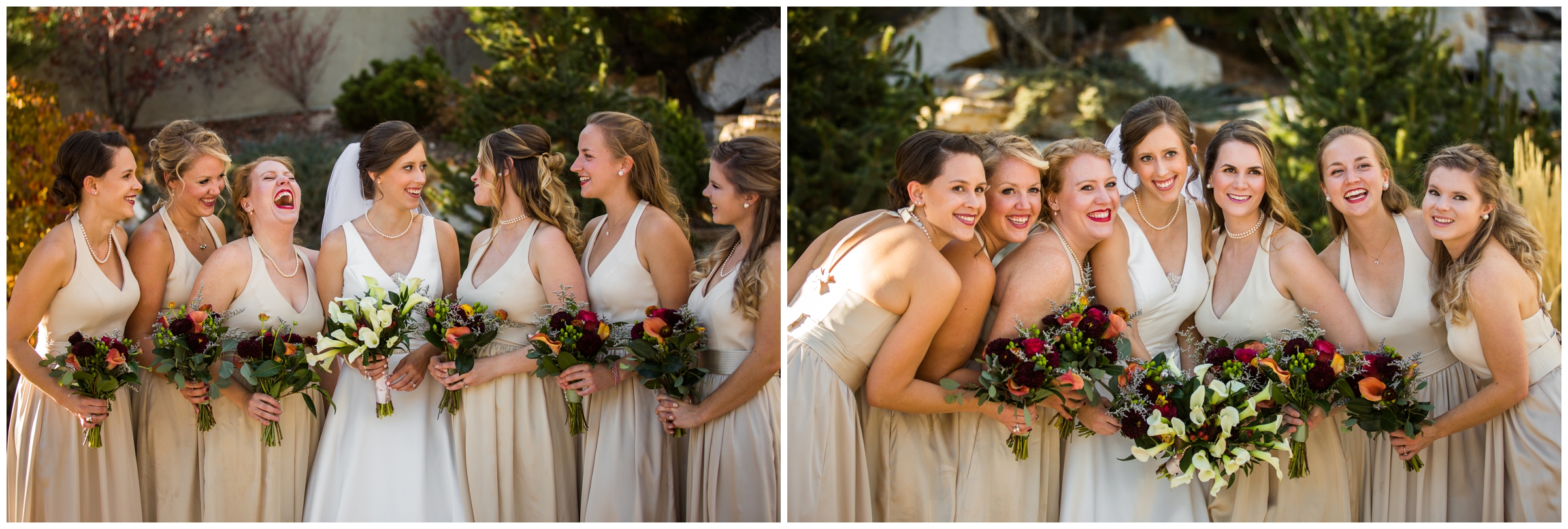 bridesmaids in long tan dresses at Colorado summer wedding