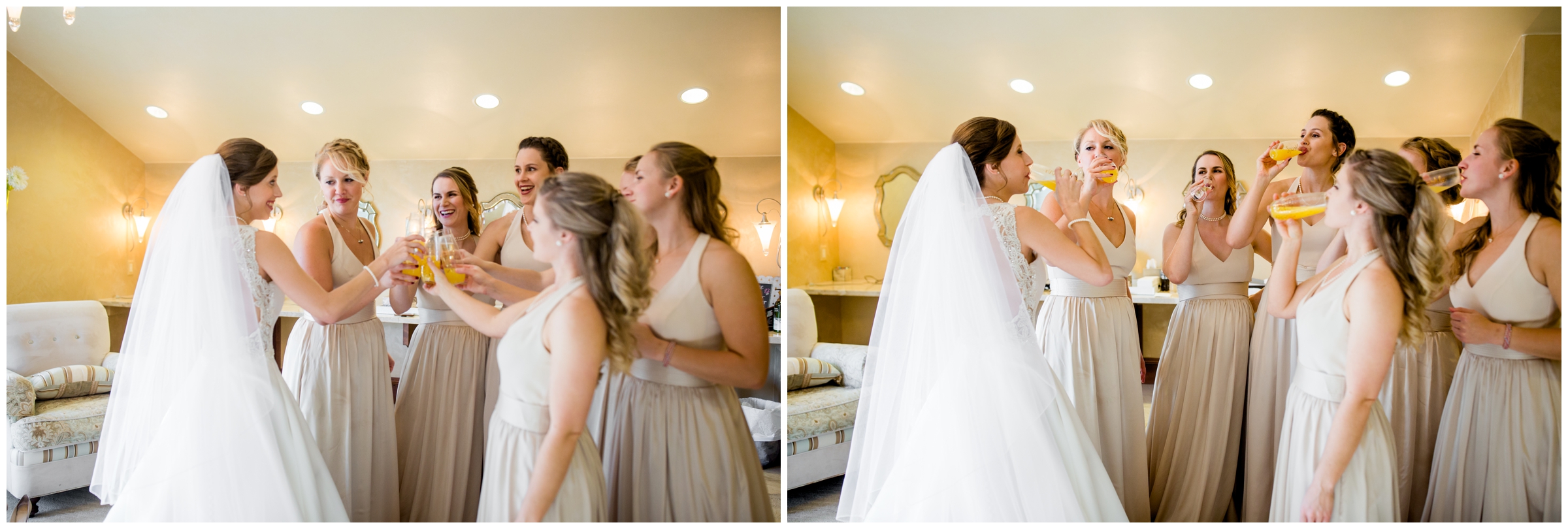 bride and bridesmaids toasting in Cielo Castle Pines bridal suite 