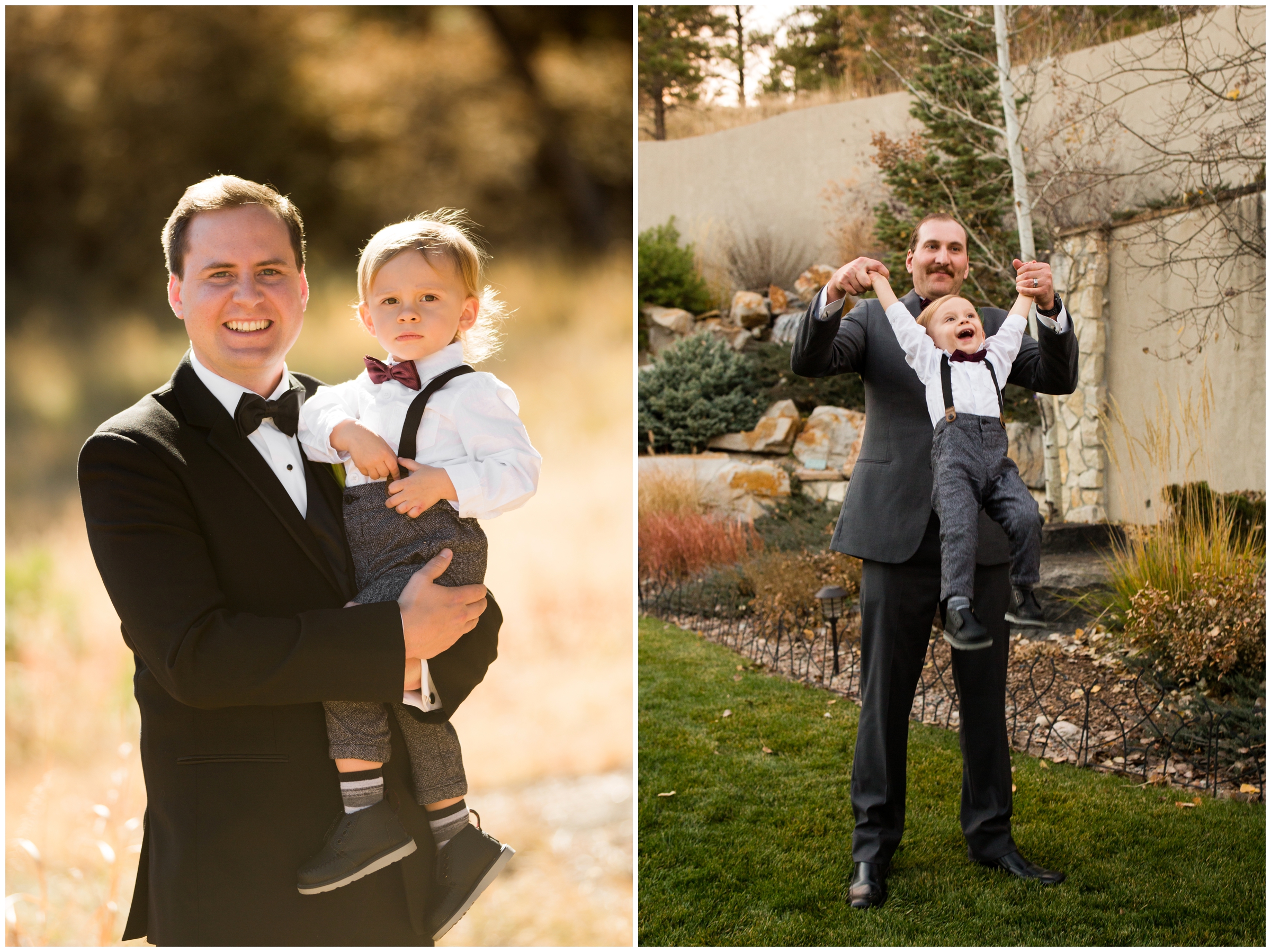 groom holding baby ring bearer at Colorado fall wedding 