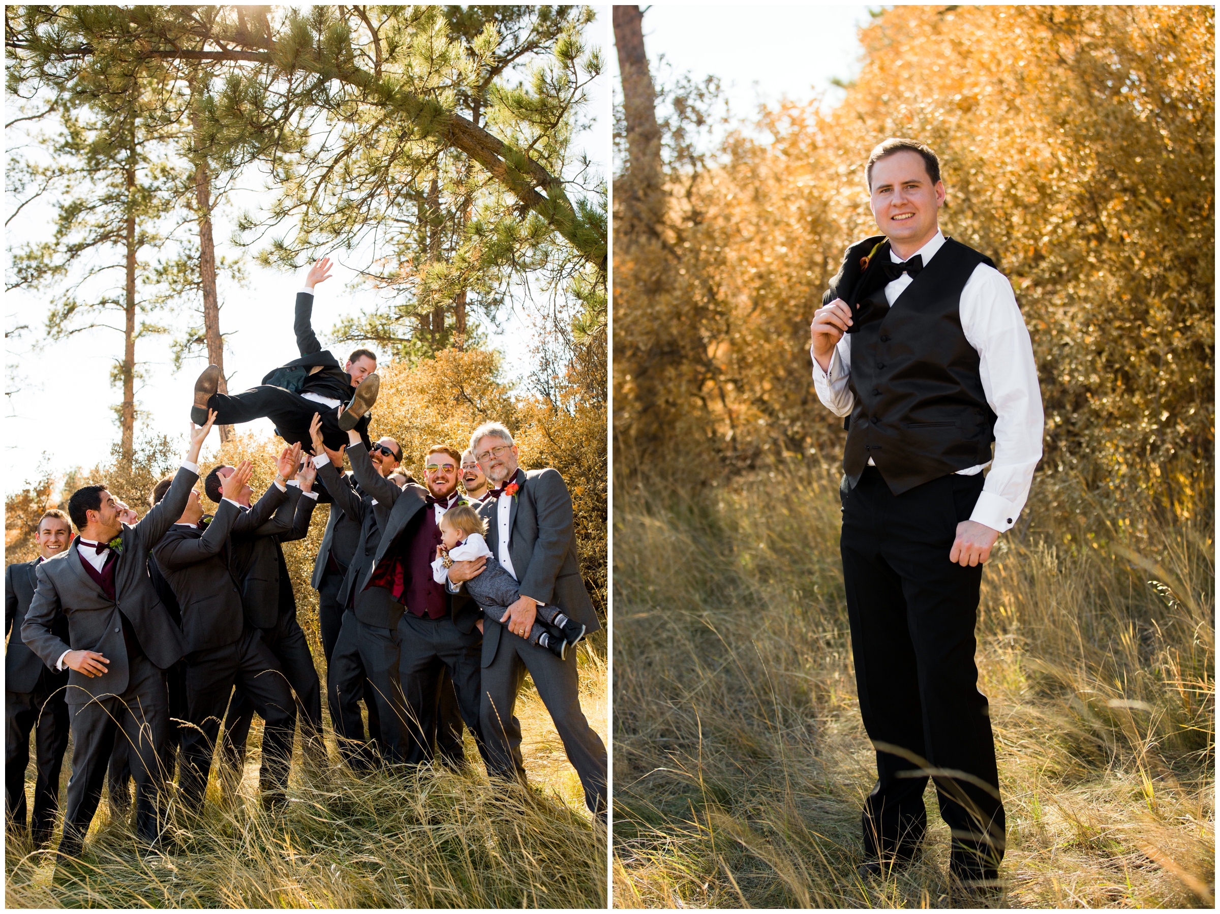 groomsmen throwing groom in the air during Cielo at Castle Pines Colorado wedding 