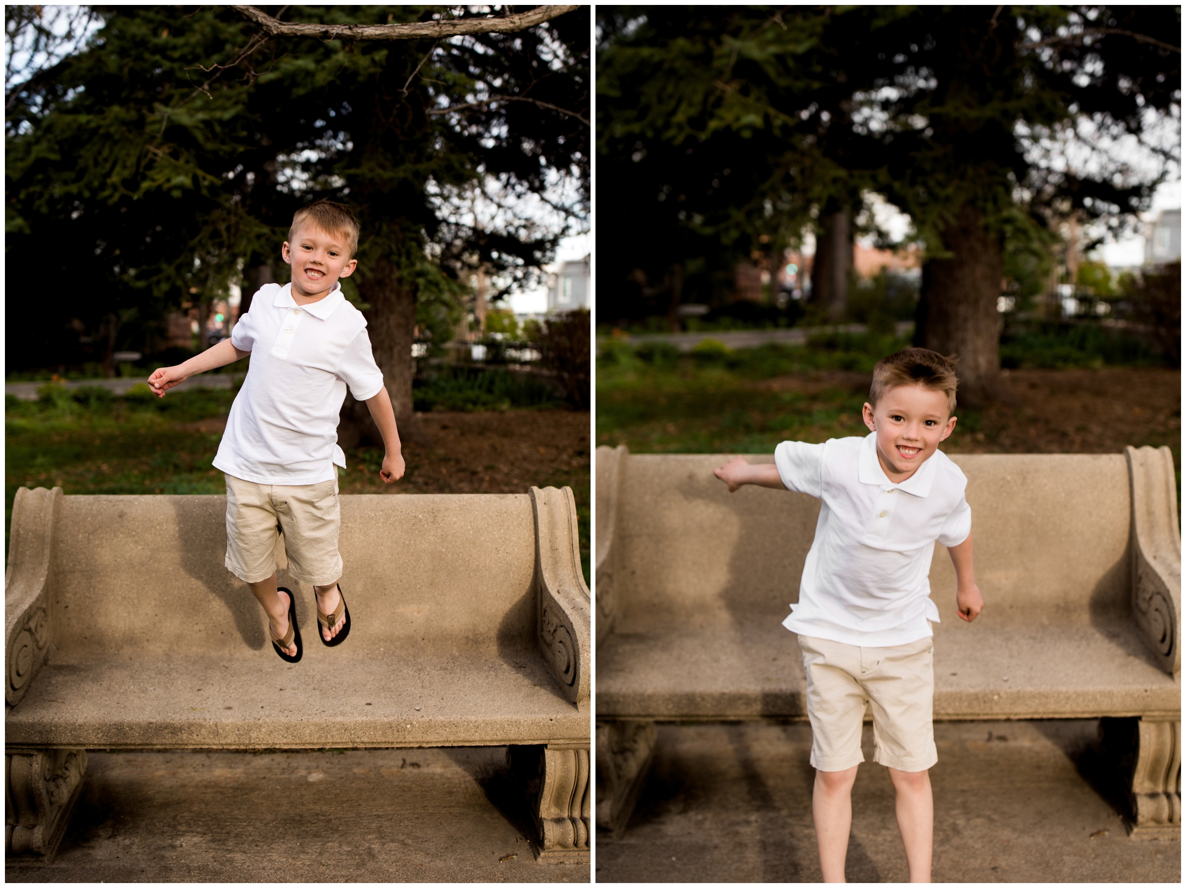 little boy jumping off bench during Colorado portraits 
