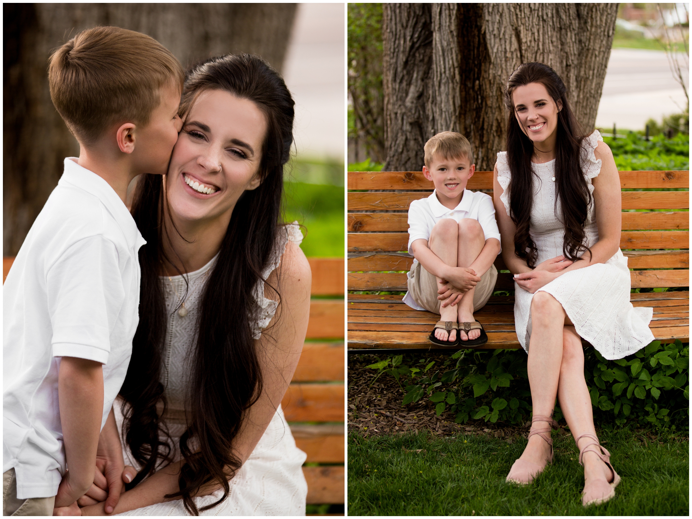 little boy kissing mom during Longmont Colorado family pictures 