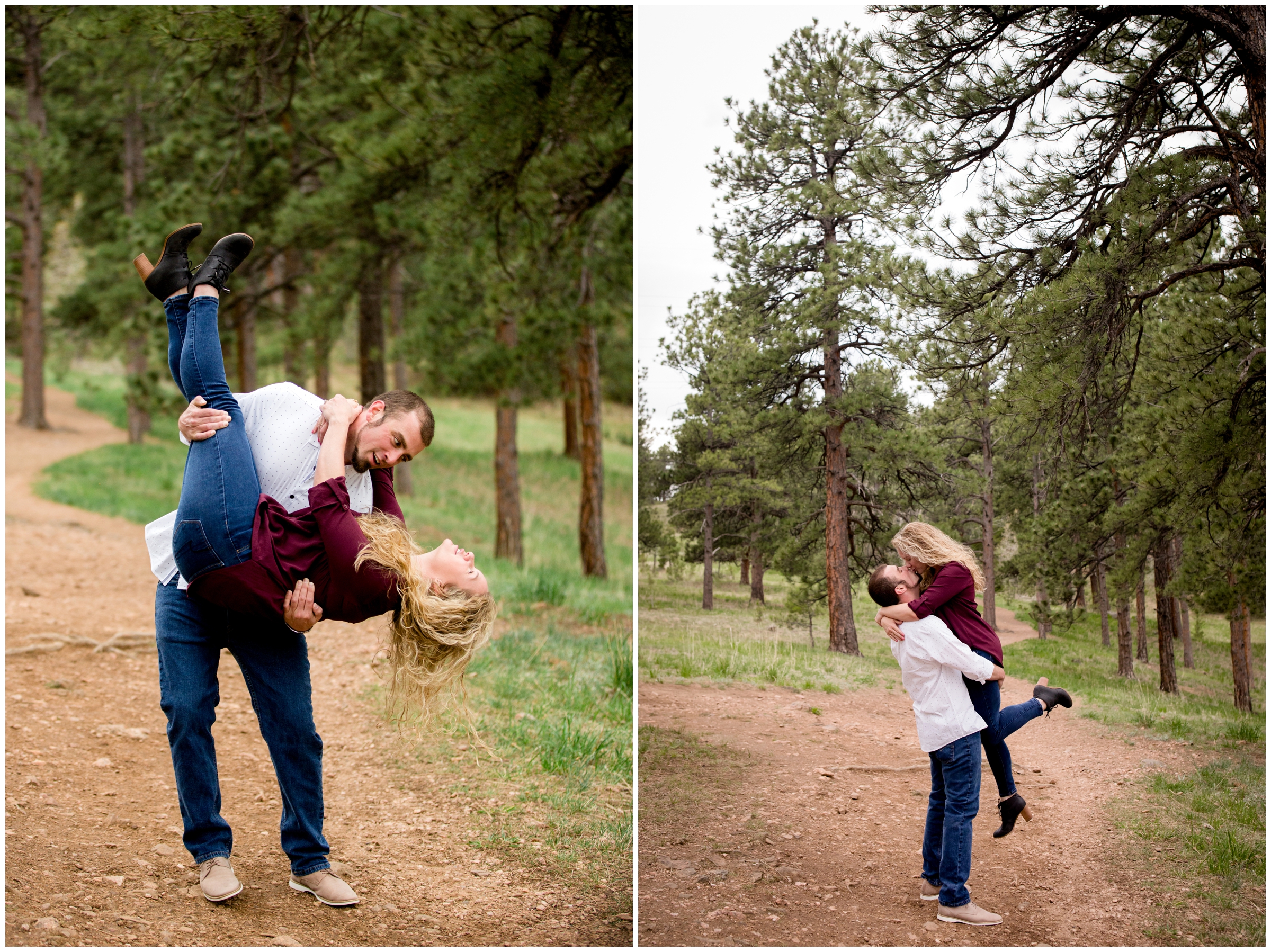 guy lifting fiancé during Colorado forest engagement portraits at Lookout Mountain Park 