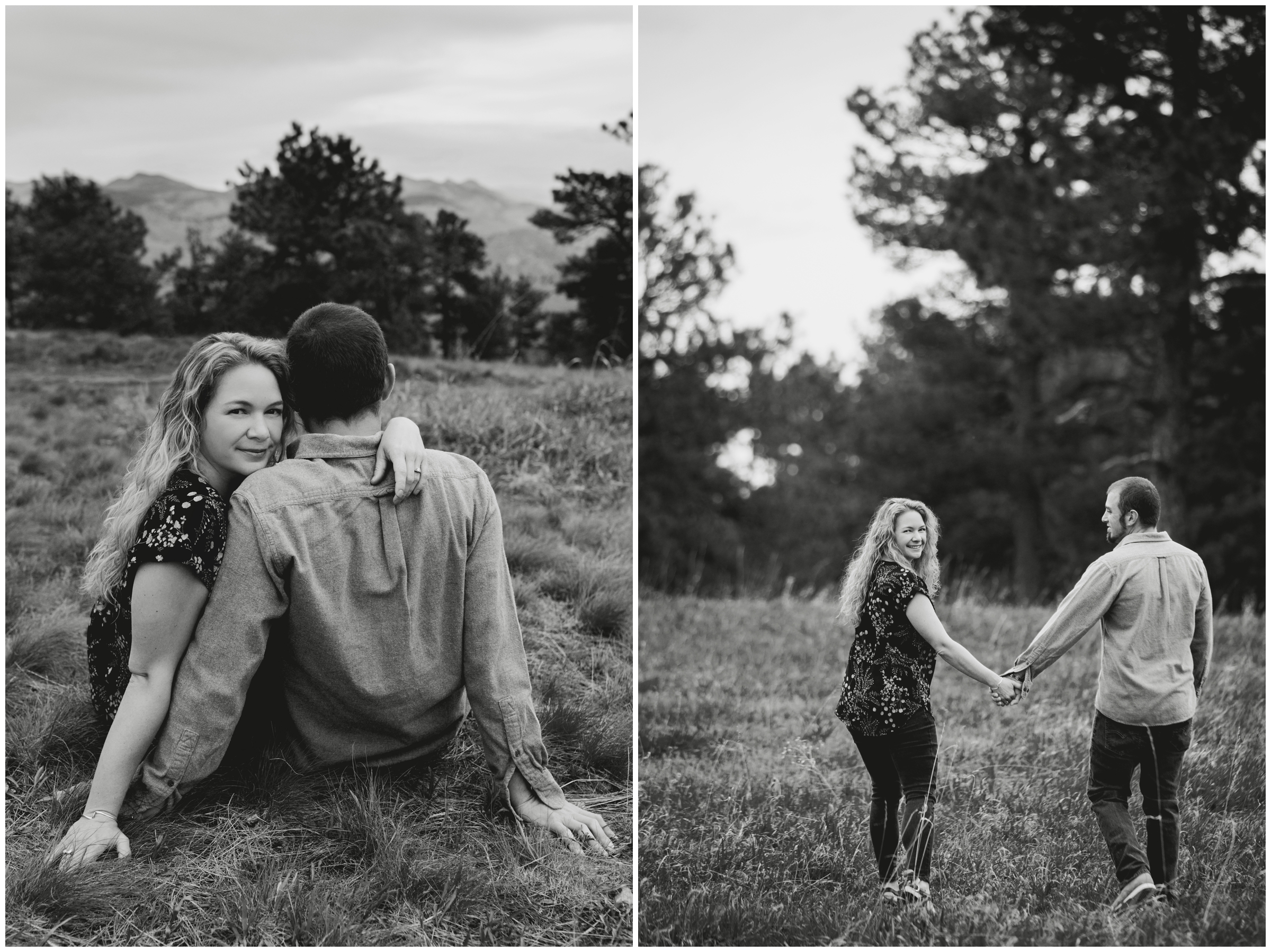 couple walking through field during Lookout Mountain Colorado engagement photographs 
