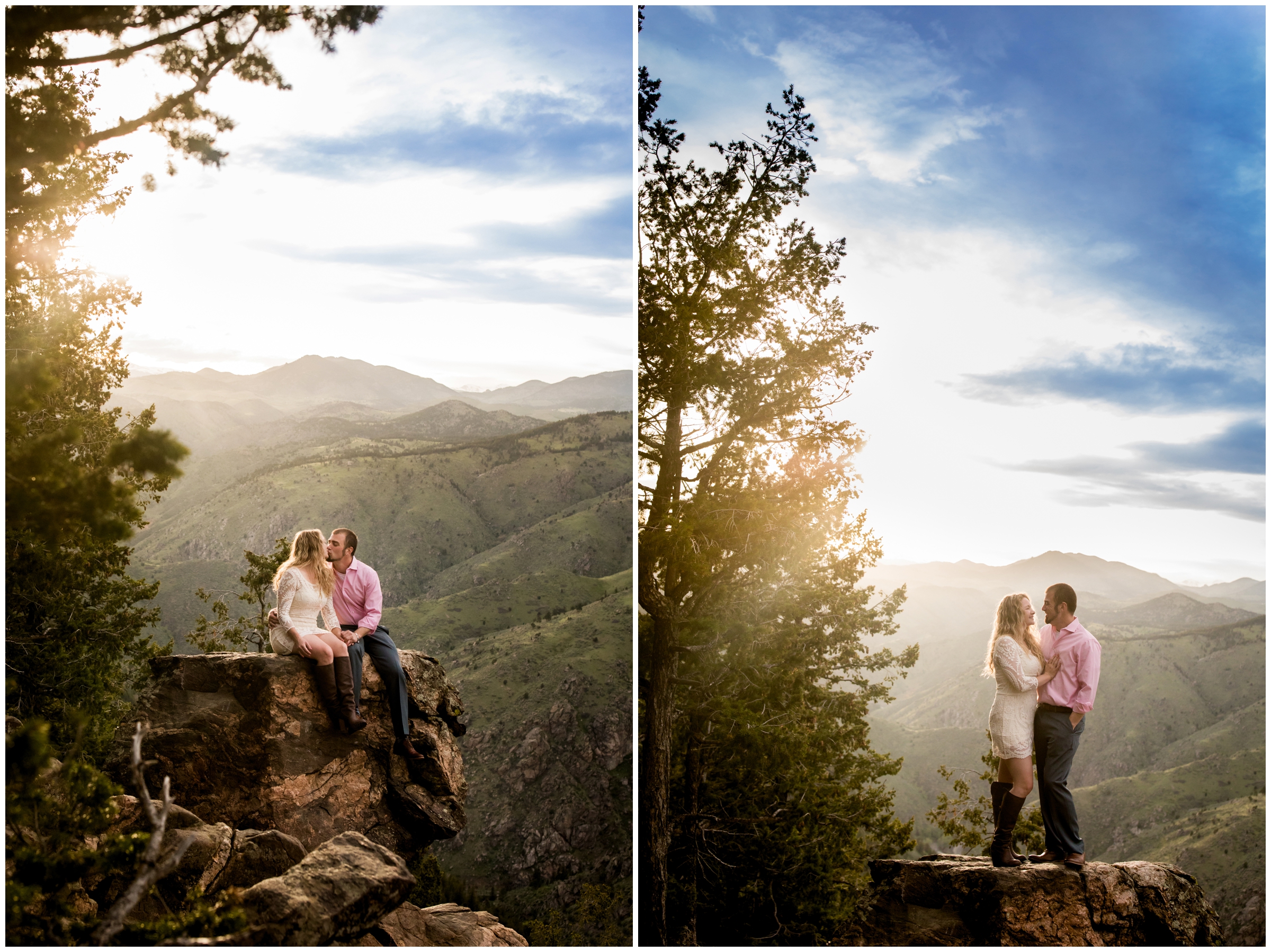couple standing on mountaintop during Golden Colorado engagement pictures 