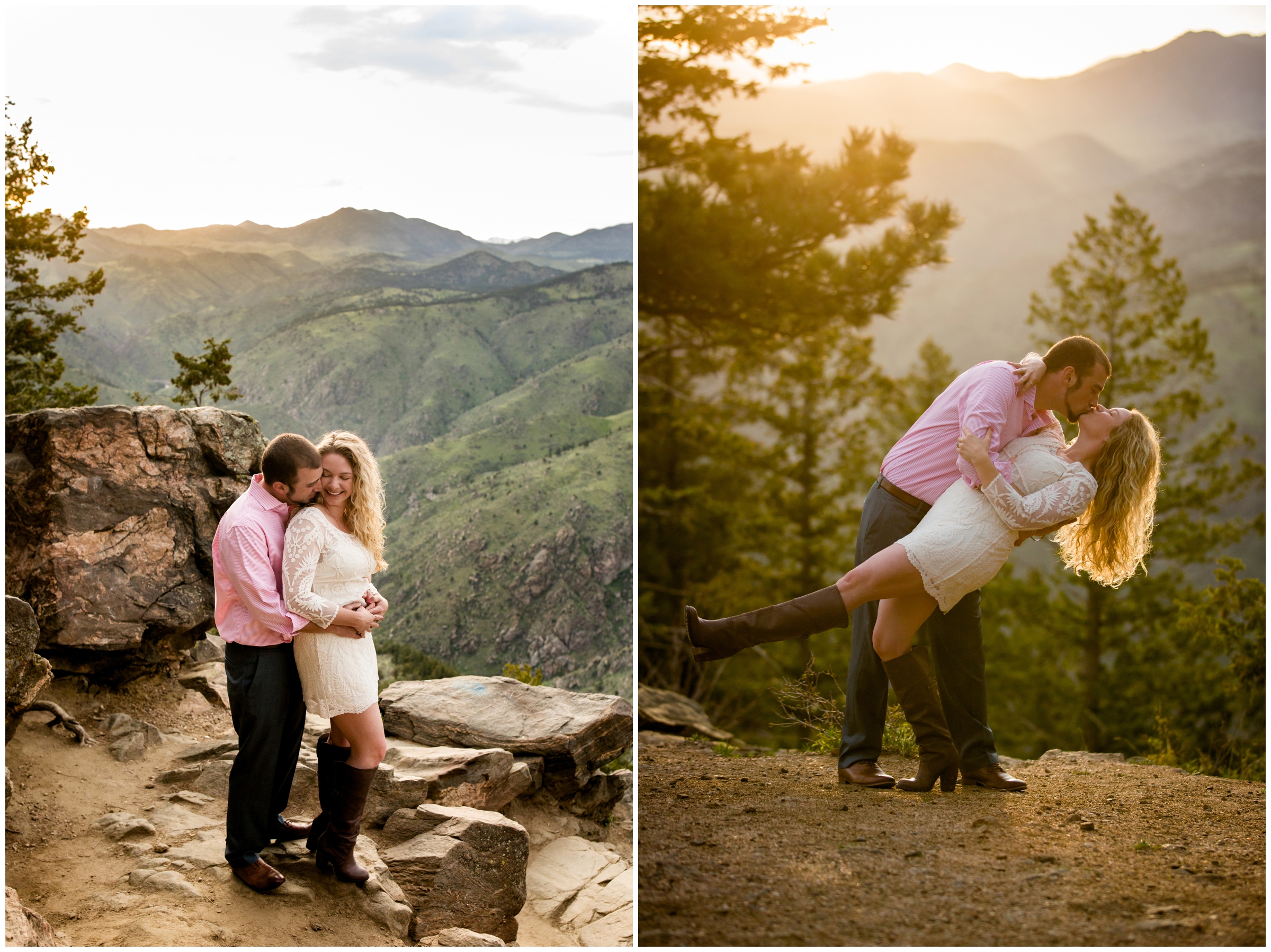 guy dipping girl with mountains and sun in background during Colorado engagement photography session 